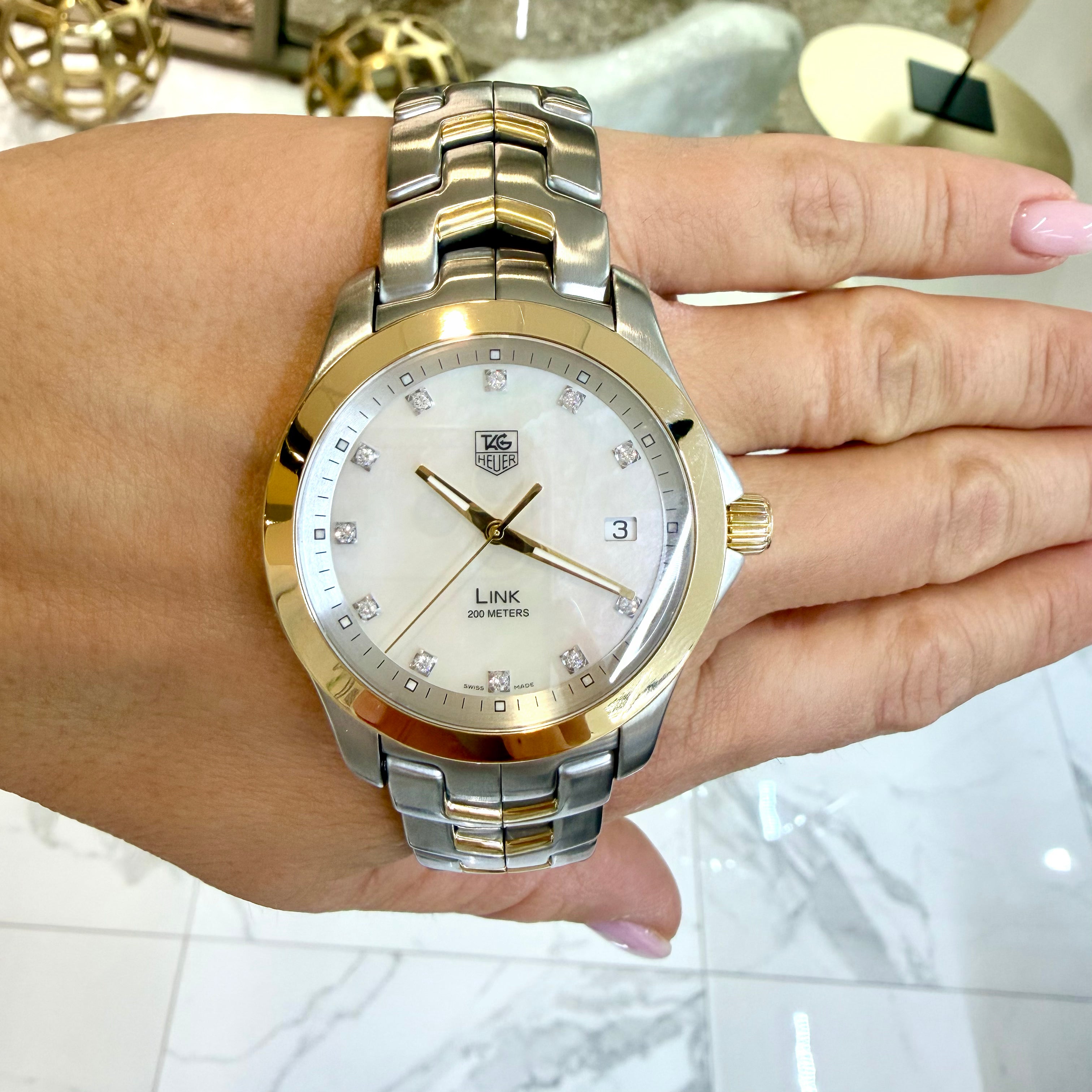 Tag Heuer Link 39MM WJF1153 Mop Diamond Dial Two Tone Gold Steel Quartz Watch