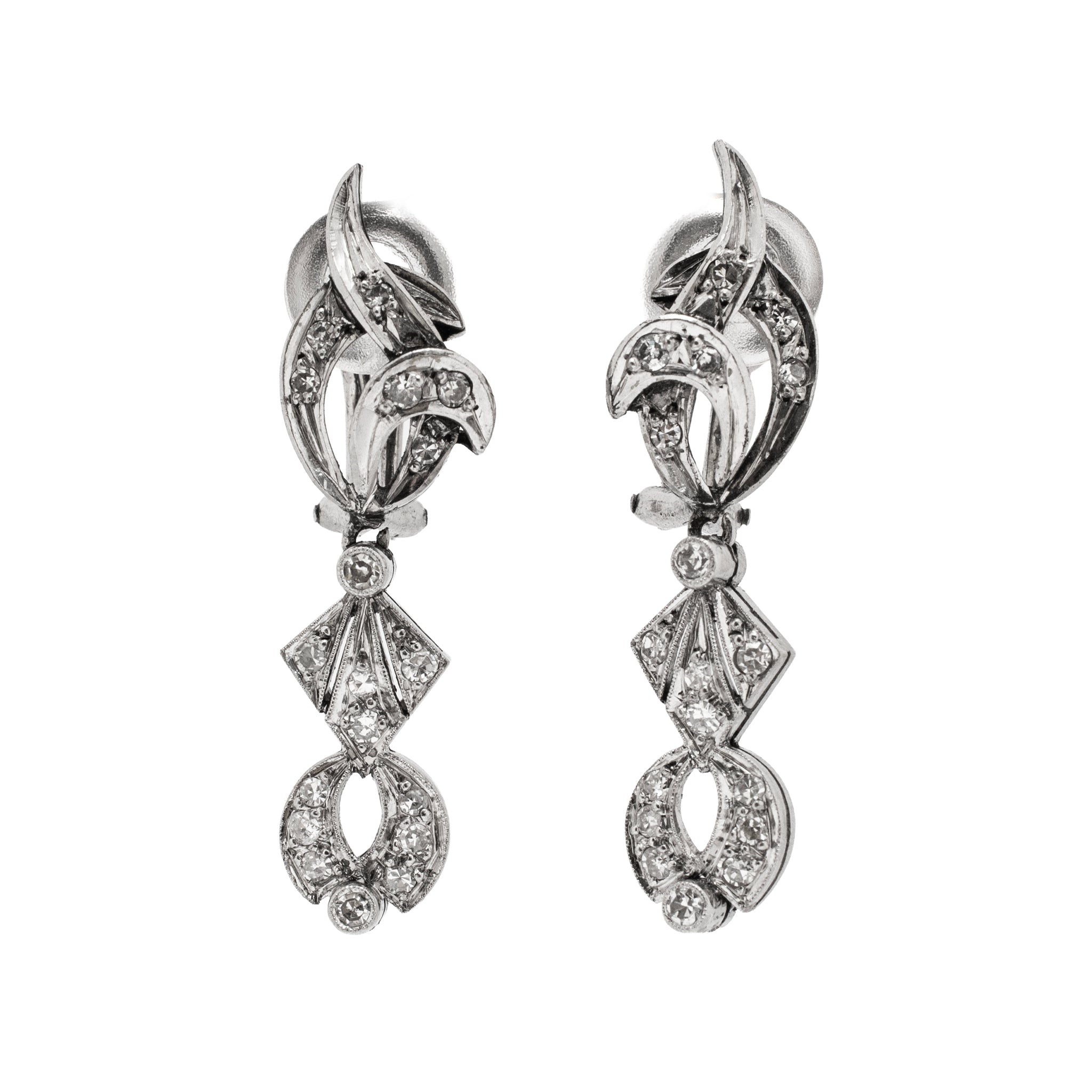 Antique Art Deco Mix Metal Gold Silver Palladium 0.65ct Diamond Dangle Earrings