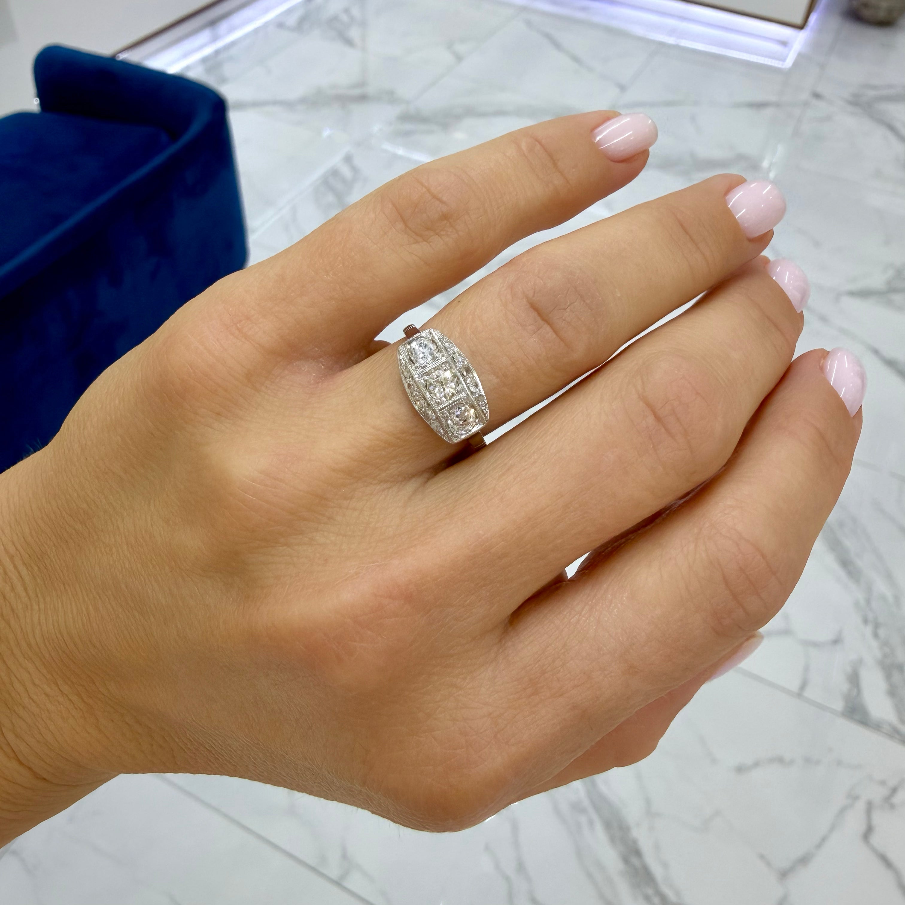 Antique Edwardian Platinum 0.63ct Old European Diamond Three Stone Band Ring