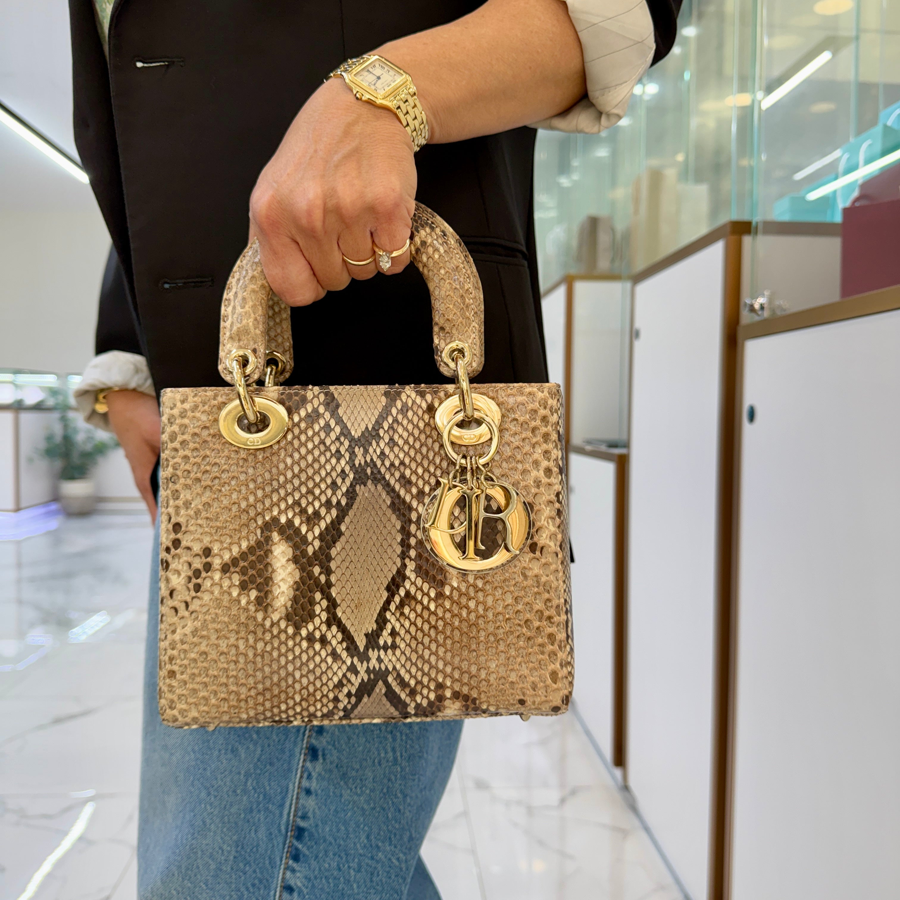 Christian Dior Lady Dior Python Snakeskin Gold Hardware Top Handle Bag