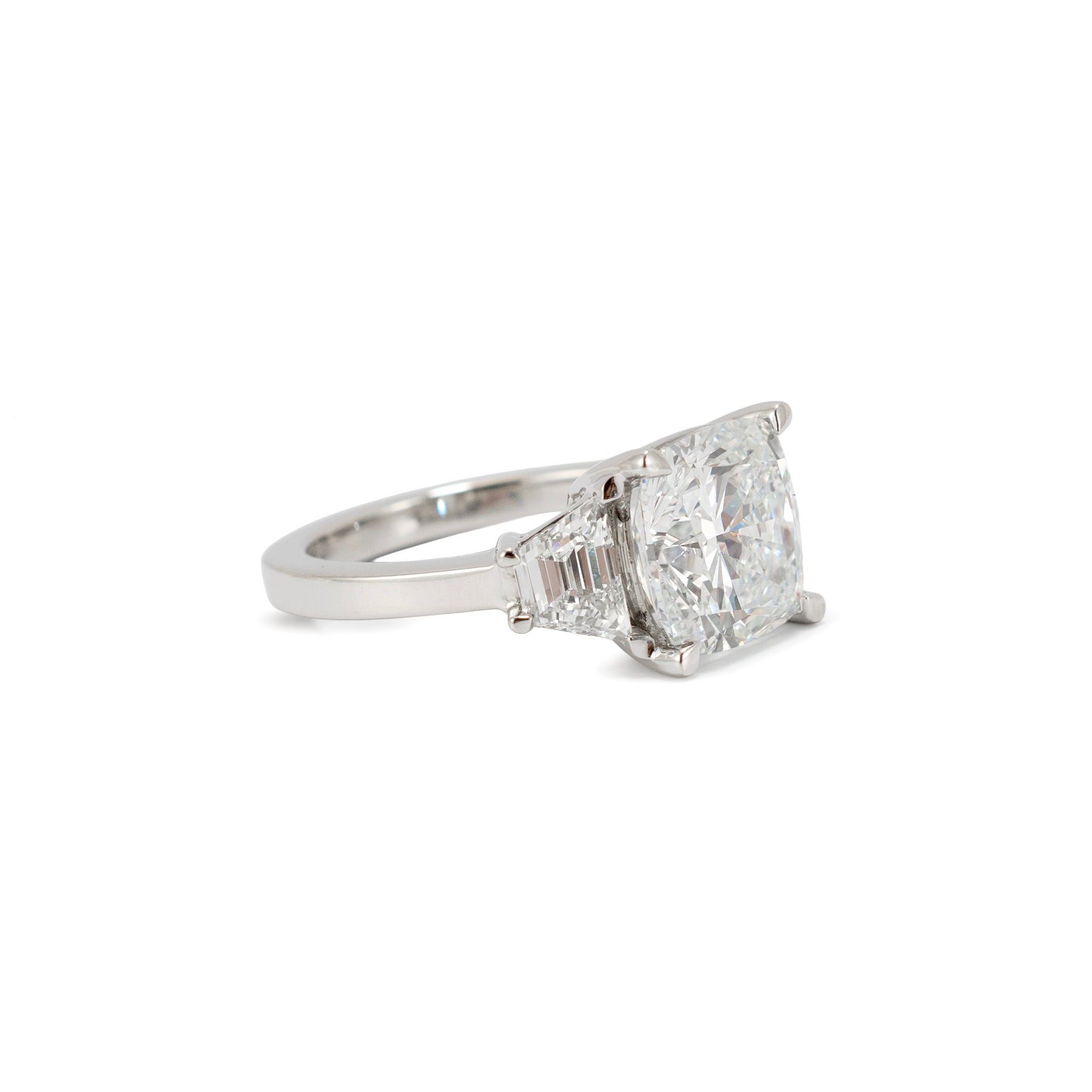 Platinum 5.45ct Cushion Lab Grown Diamond Trapezoid Three Stone Engagement Ring