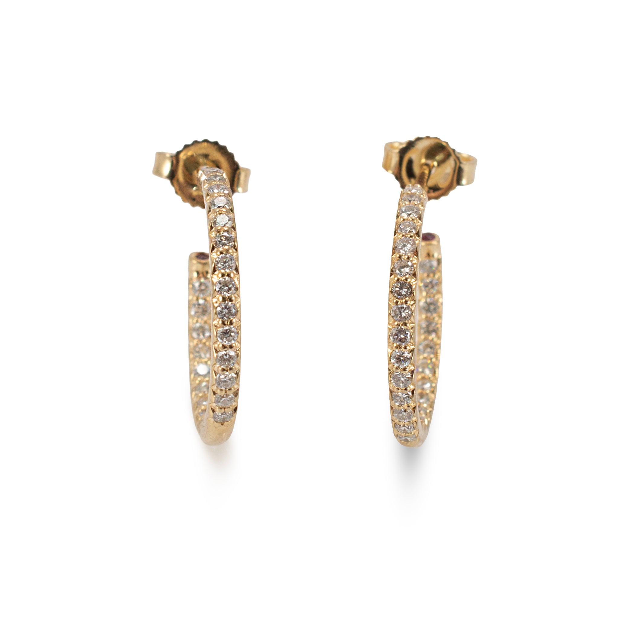 18K Yellow Gold 0.63ctw Pave Diamond and Ruby Open Hoop Earrings