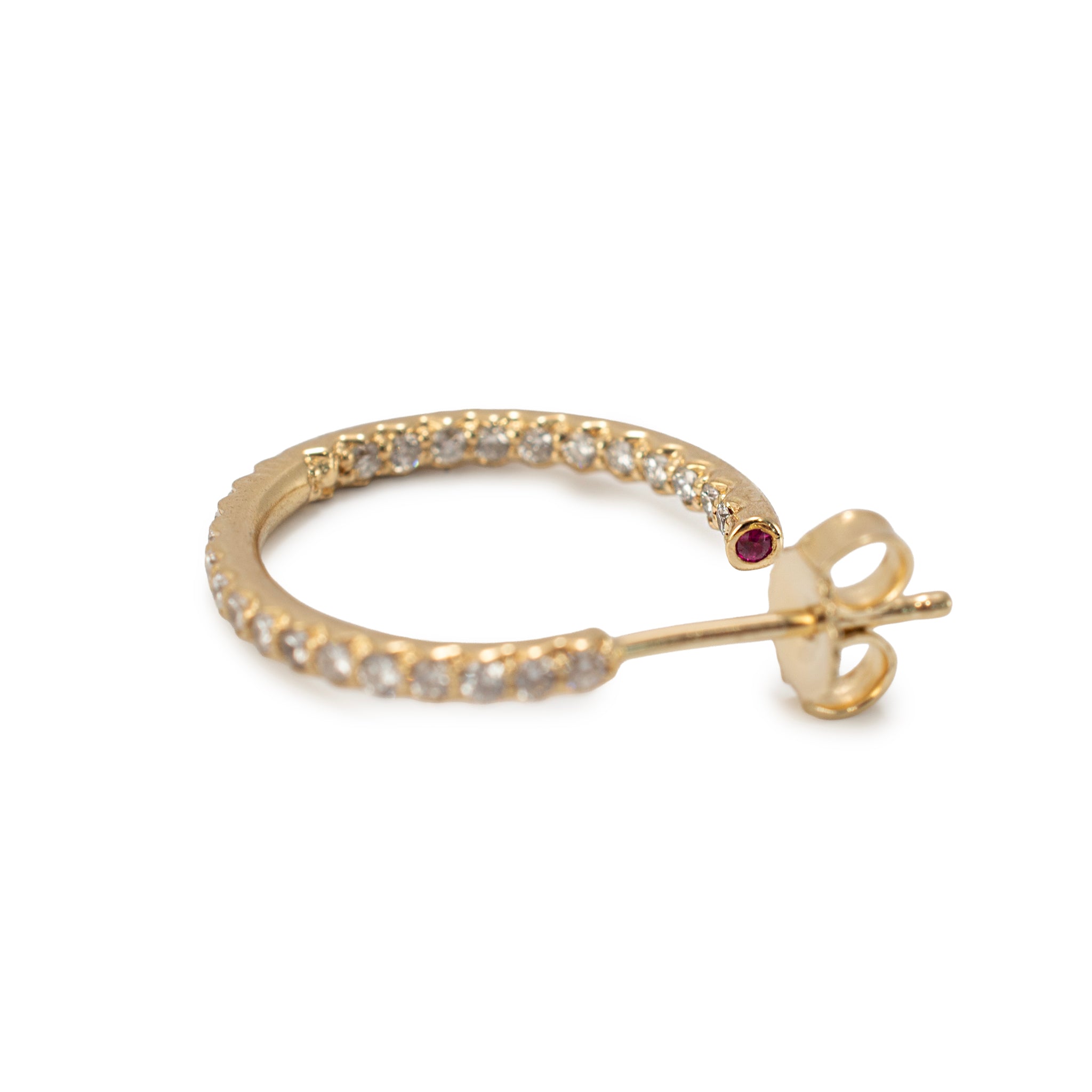 18K Yellow Gold 0.63ctw Pave Diamond and Ruby Open Hoop Earrings