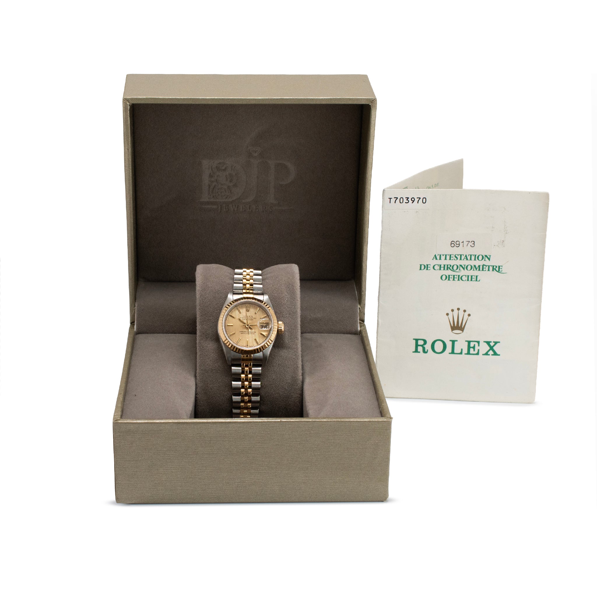Ladies Rolex Datejust 26MM 69173 Champagne Tapestry Dial Gold Steel Watch