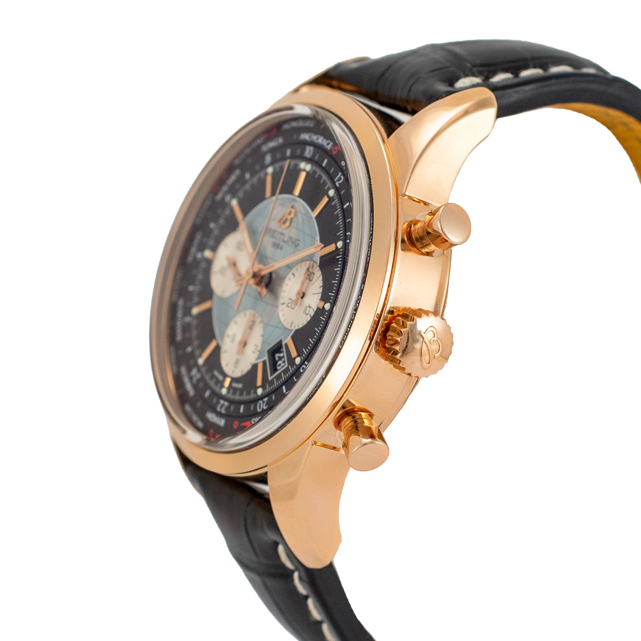 Breitling Transocean Unitime 46MM RB0510 18K Rose Gold Black Chronograph Watch