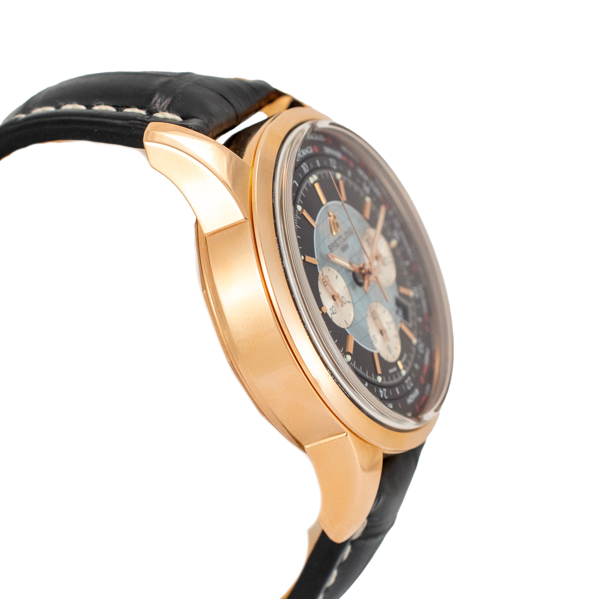 Breitling Transocean Unitime 46MM RB0510 18K Rose Gold Black Chronograph Watch