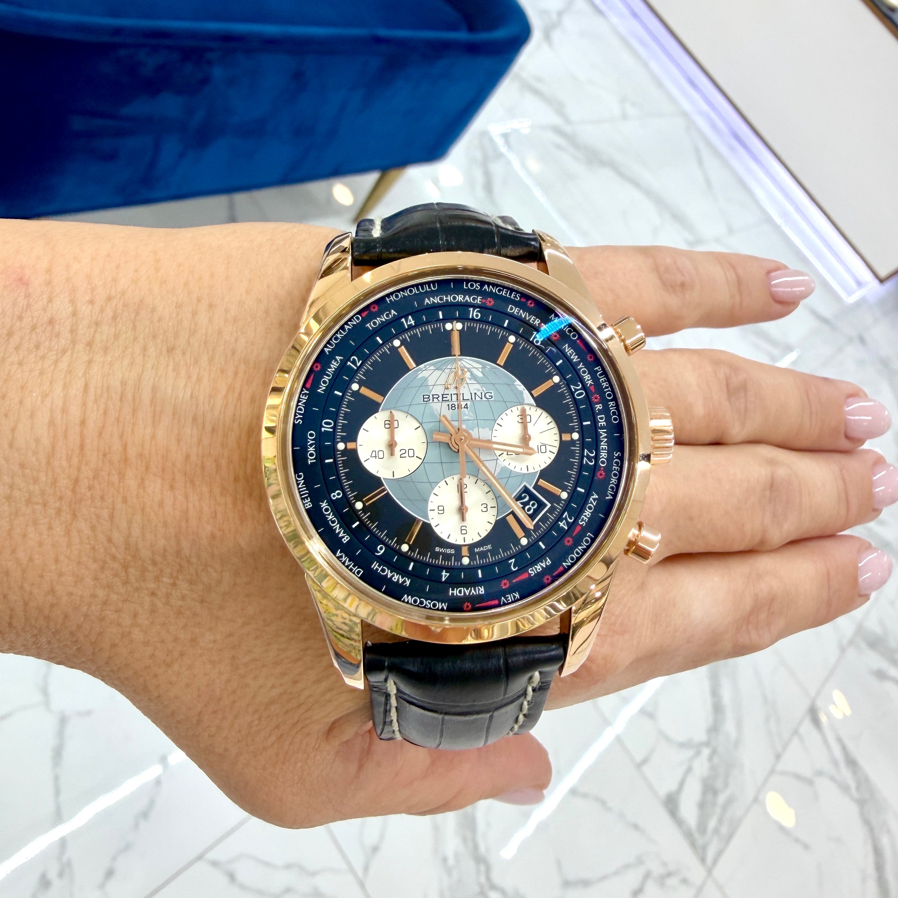 Breitling Transocean Unitime 46MM RB0510 18K Rose Gold Black Chronograph Watch