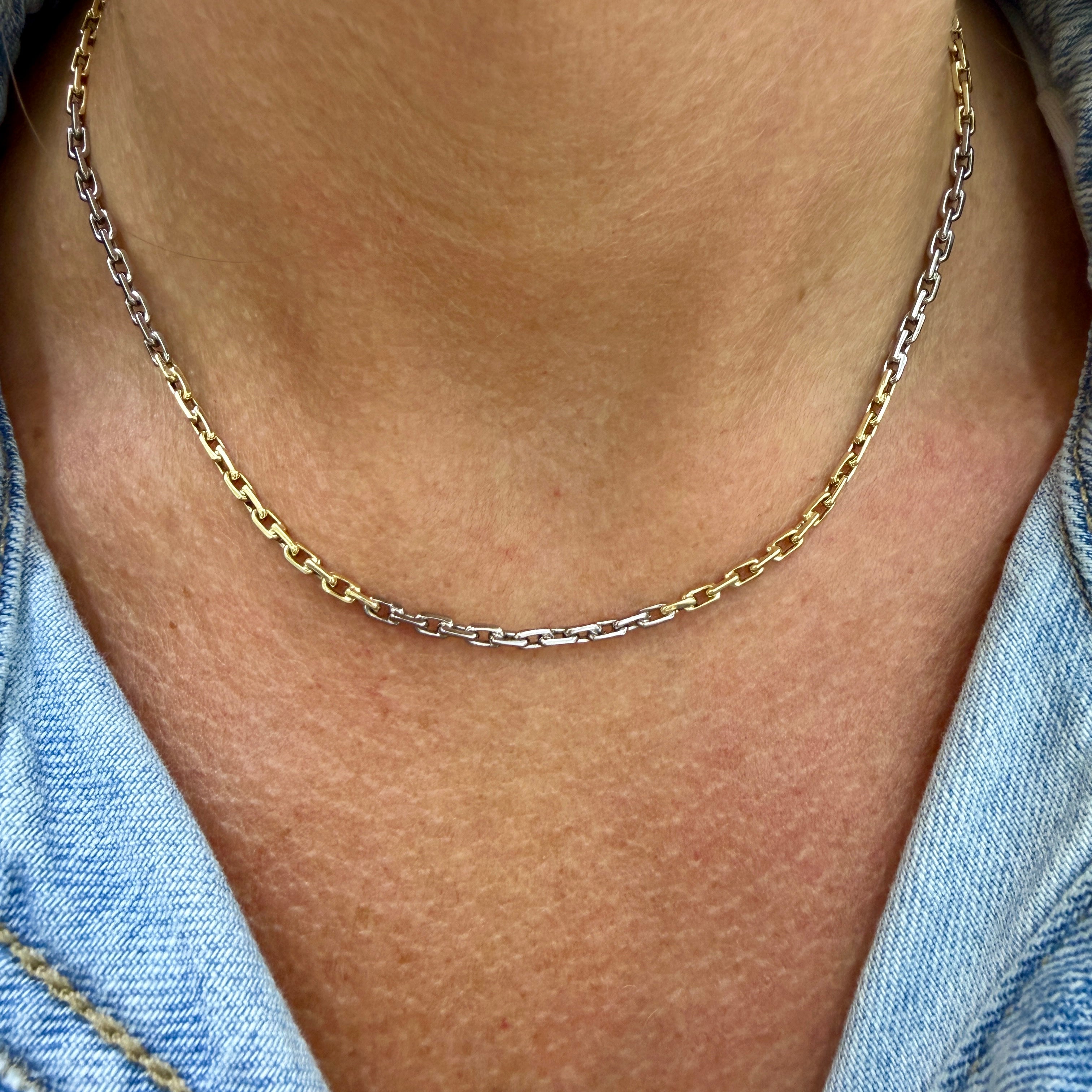 18K Yellow Gold & Sterling Silver Two Tone Choker Rolo Cable Link Chain Necklace