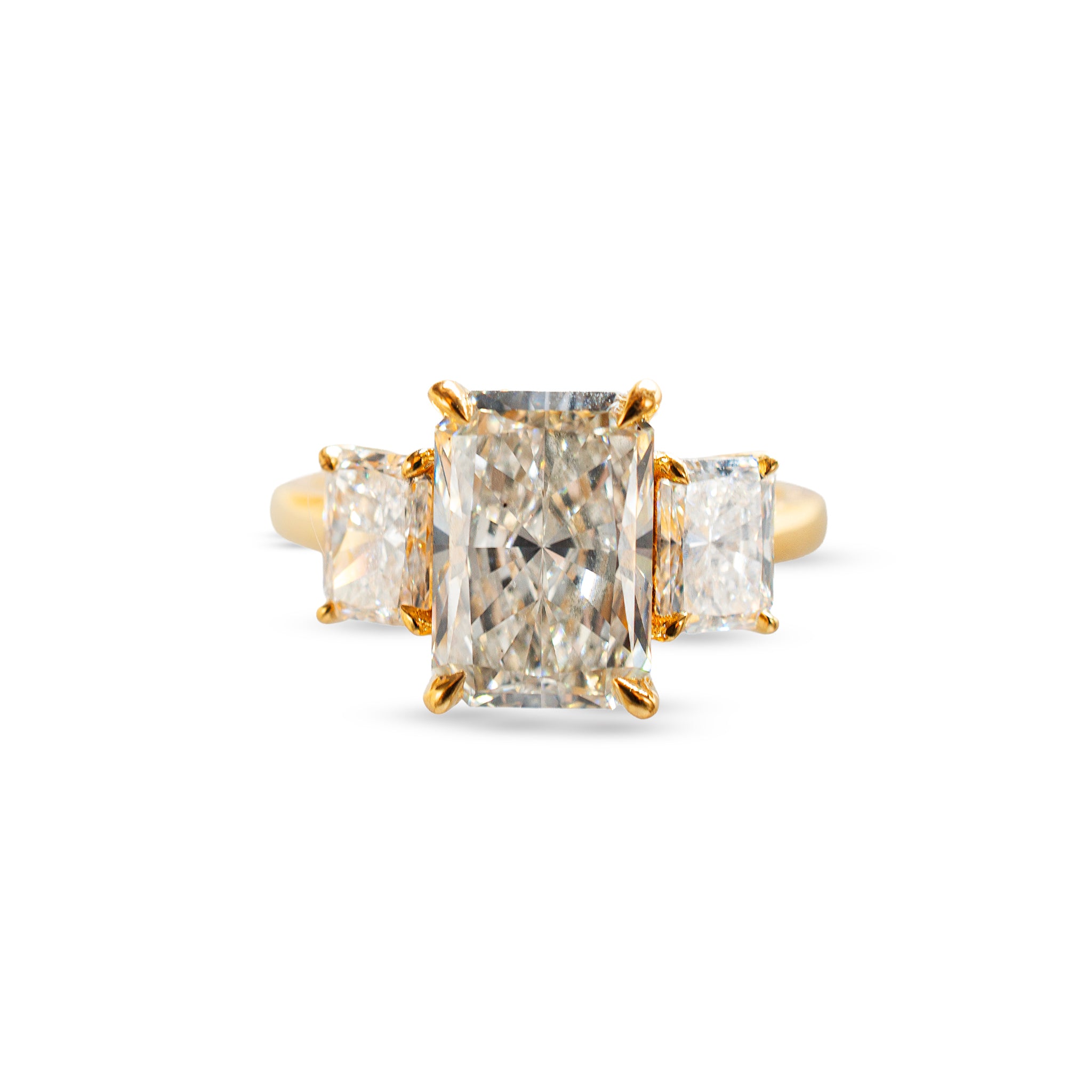 18K Yellow Gold Igi 3.91ct Radiant Lab Grown Diamond Three Stone Engagement Ring