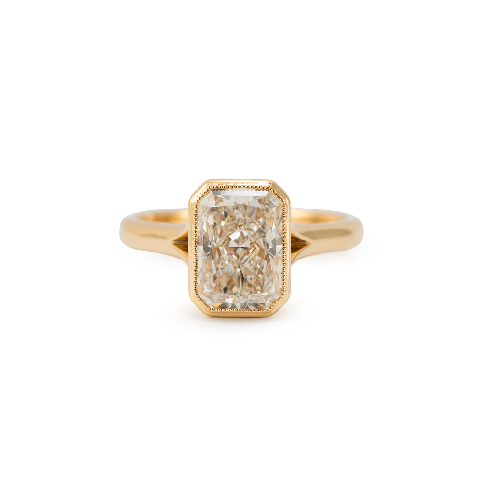 18K Yellow Gold 2.56ct Radiant Lab Grown Diamond Bezel Set Engagement Ring