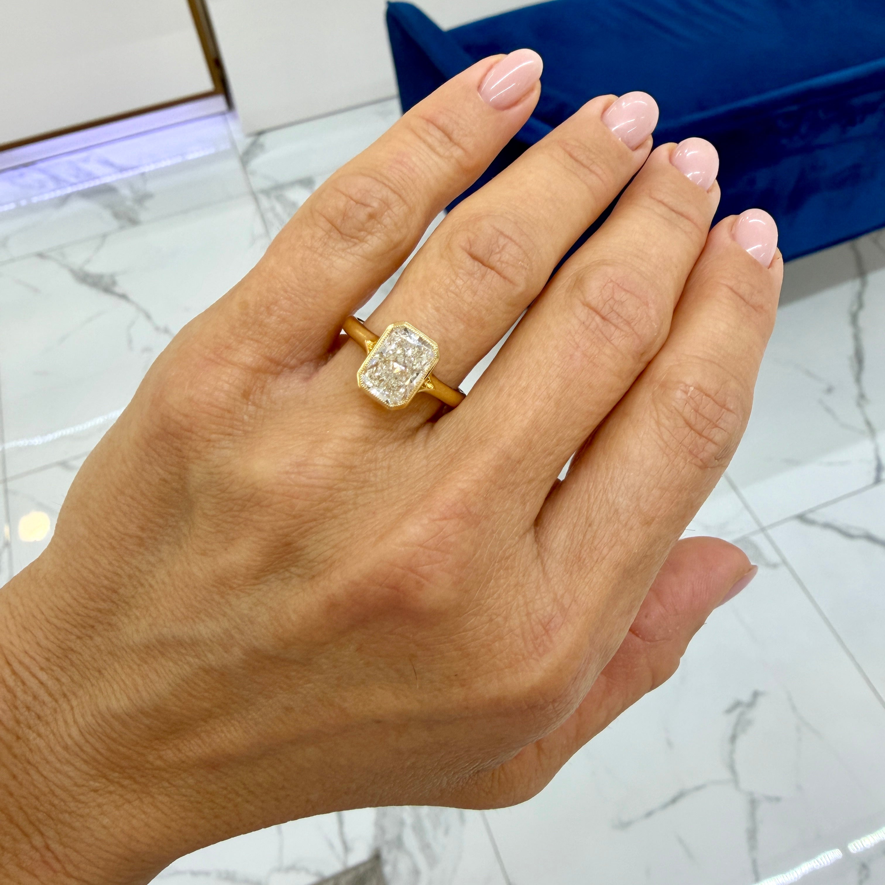 18K Yellow Gold 2.56ct Radiant Lab Grown Diamond Bezel Set Engagement Ring