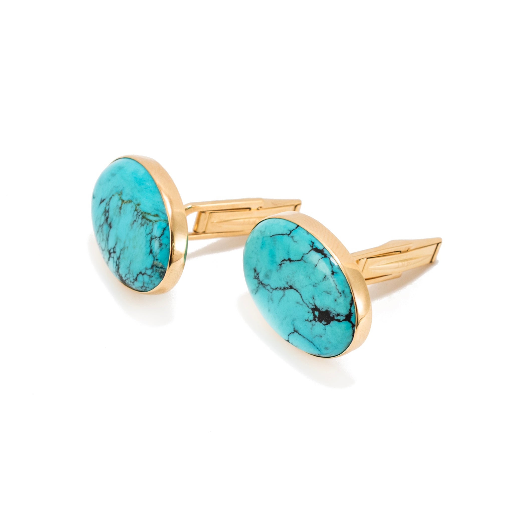 Men’s Vintage 14K Yellow Gold 23.49ct Oval Turquoise Cabochon Bezel Cufflinks