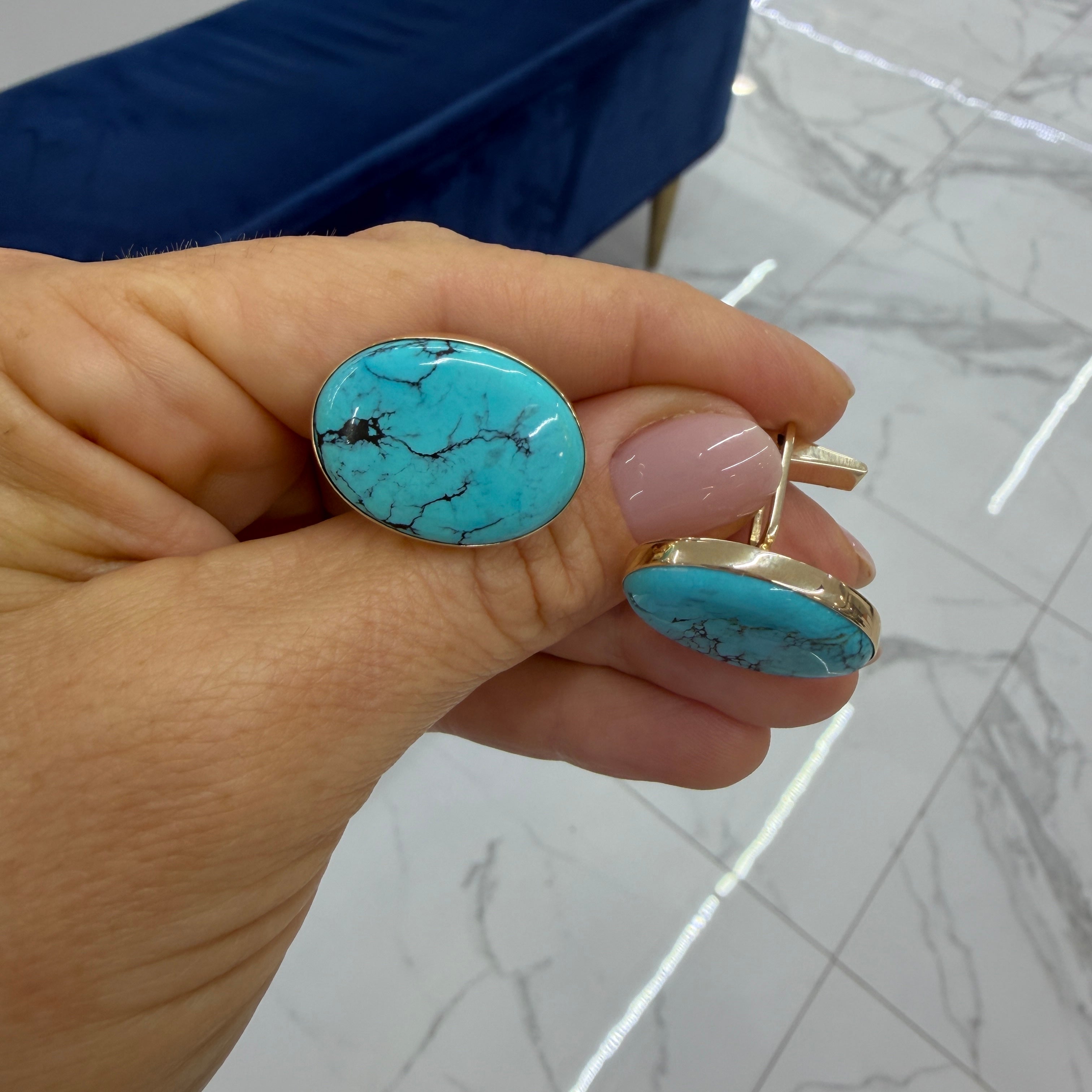 Men’s Vintage 14K Yellow Gold 23.49ct Oval Turquoise Cabochon Bezel Cufflinks