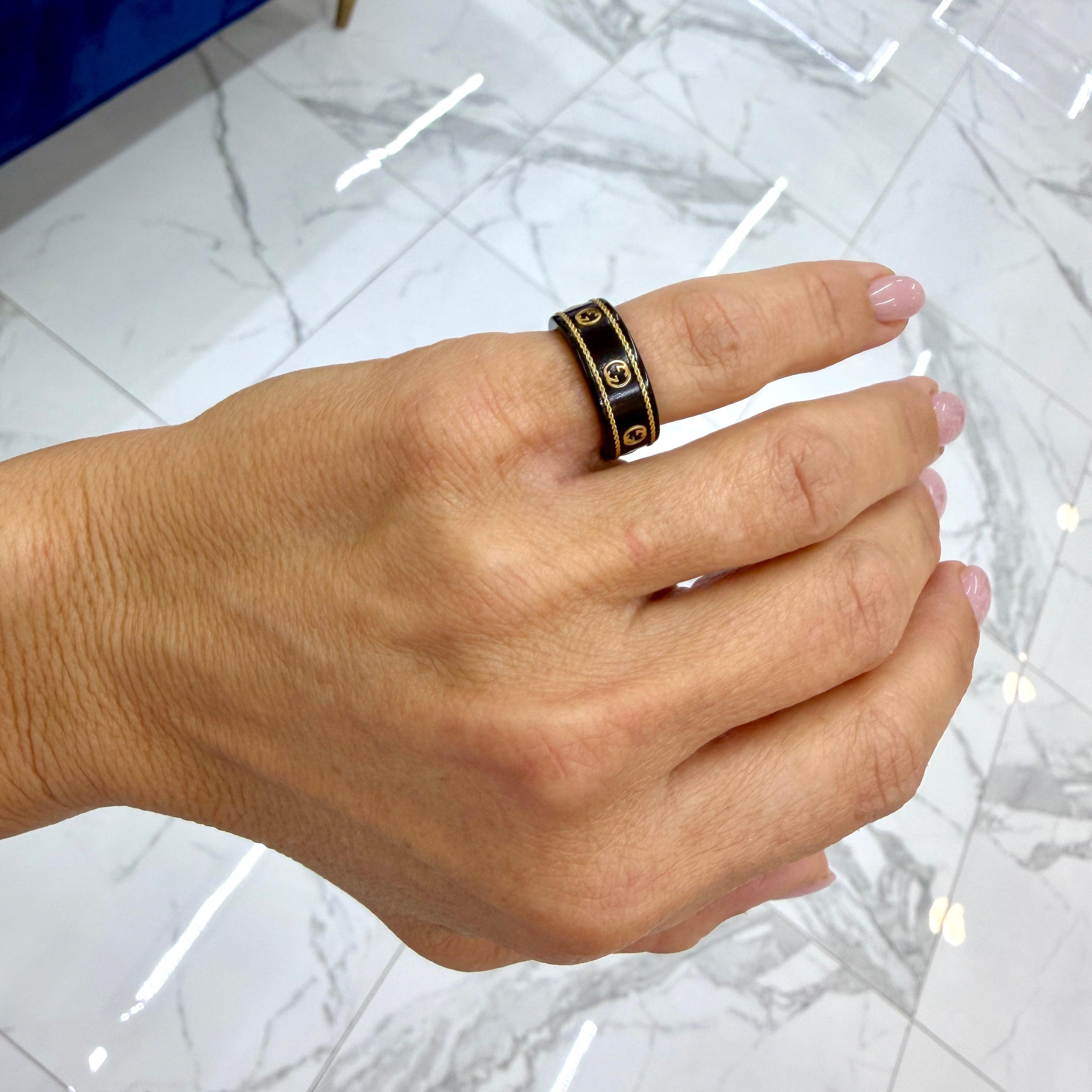 Gucci Interlocking G Black Corindum Icon Tungsten & 18K Yellow Gold Band Ring