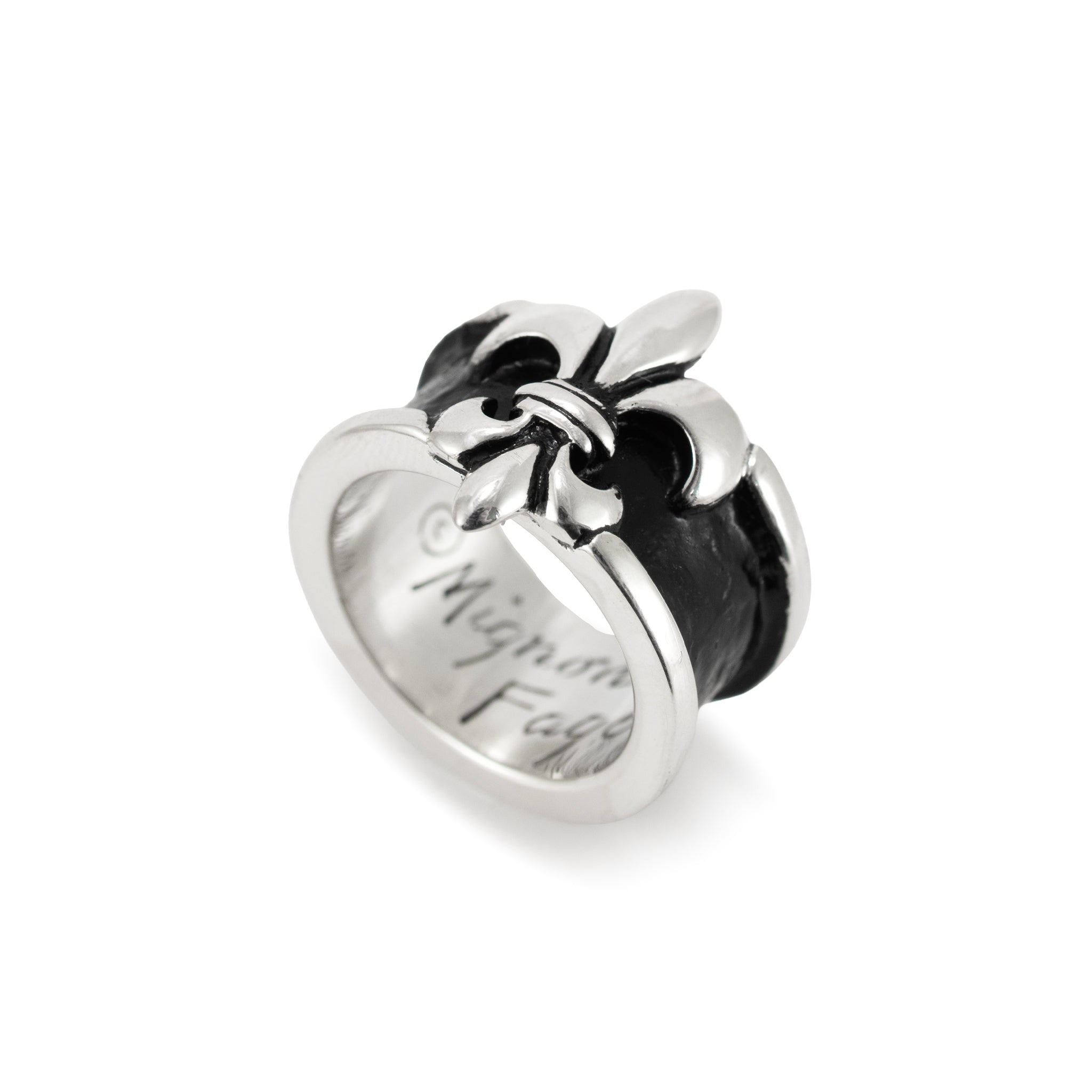 Mignon Faget Fleur de Lis 925 Sterling Silver Black Inlay Wide Band Ring