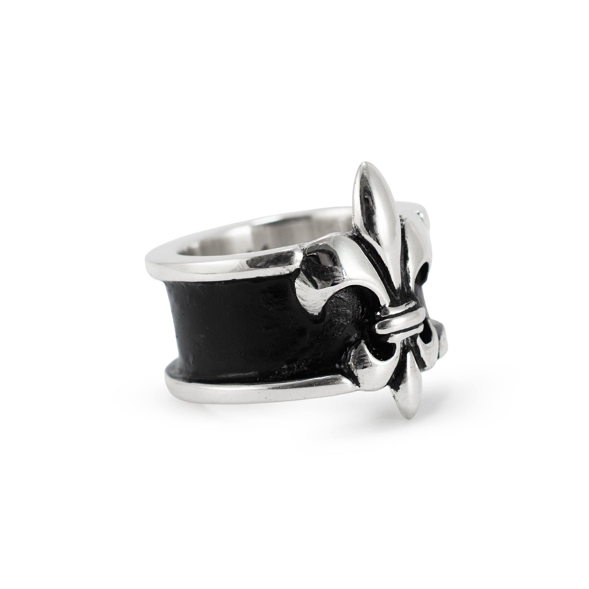 Mignon Faget Fleur de Lis 925 Sterling Silver Black Inlay Wide Band Ring