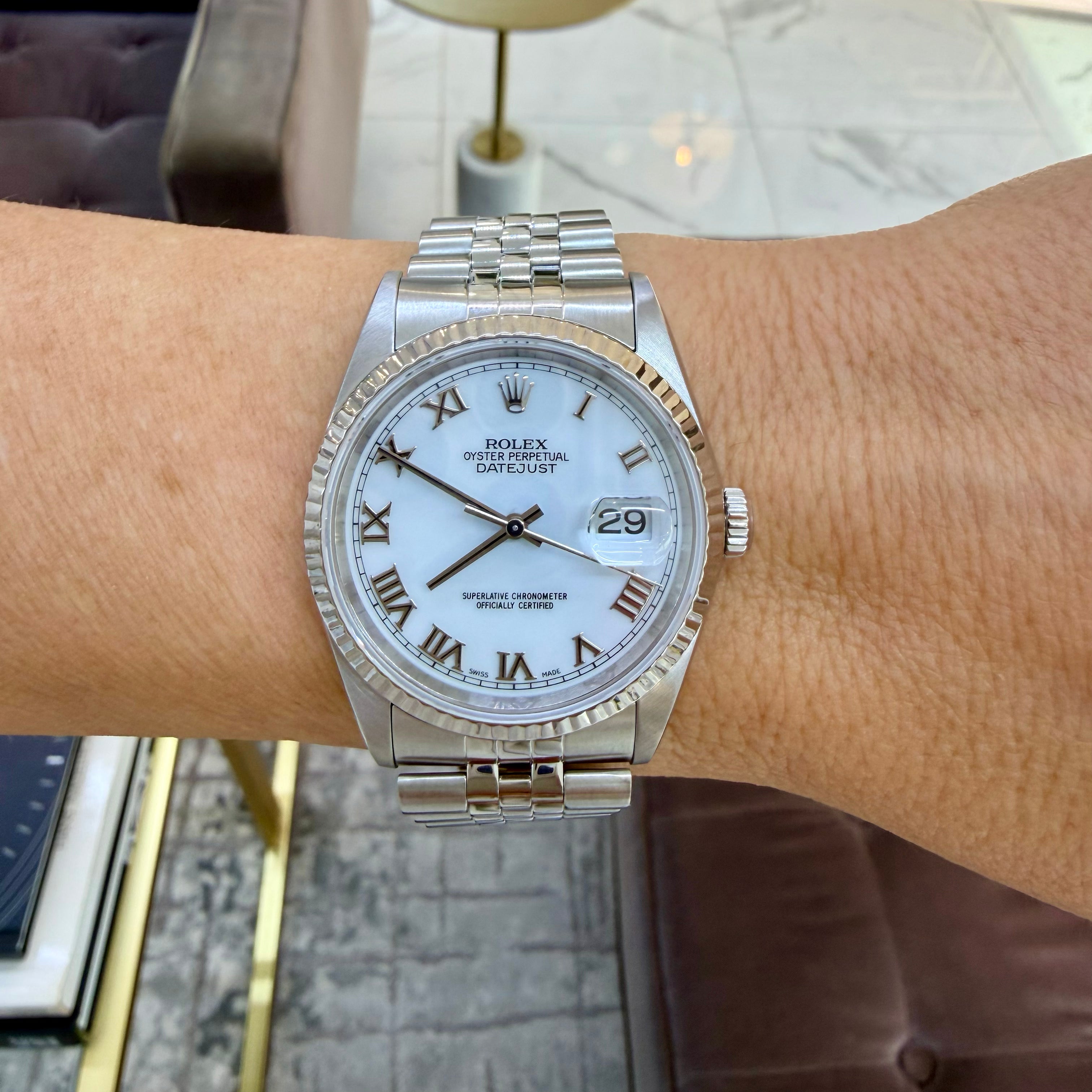 Rolex Datejust 36MM 16234 White Roamn Dial Jubilee Fluted Steel Watch