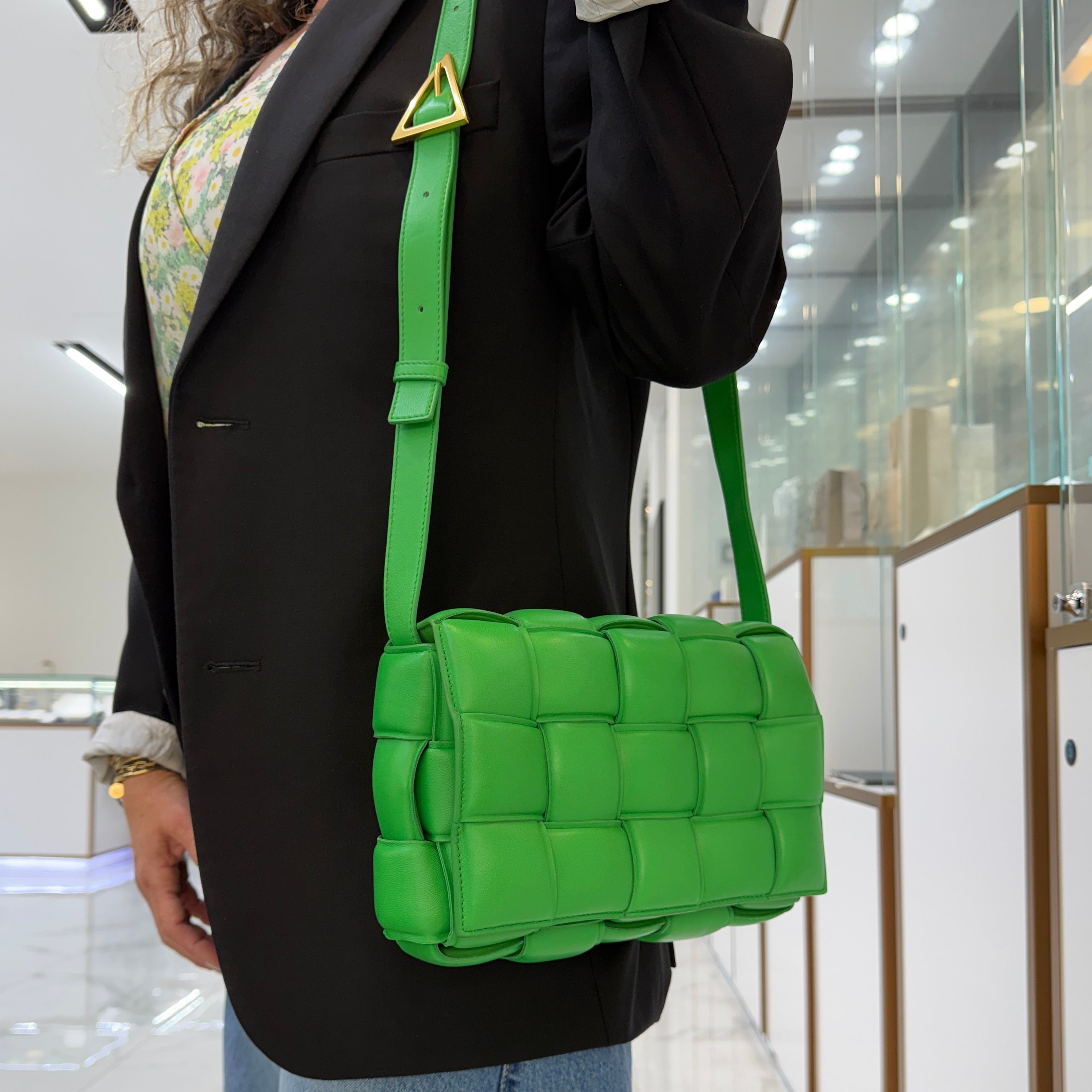 Bottega Veneta Padded Cassette Intrecciato Green Leather Gold Hardware Handbag