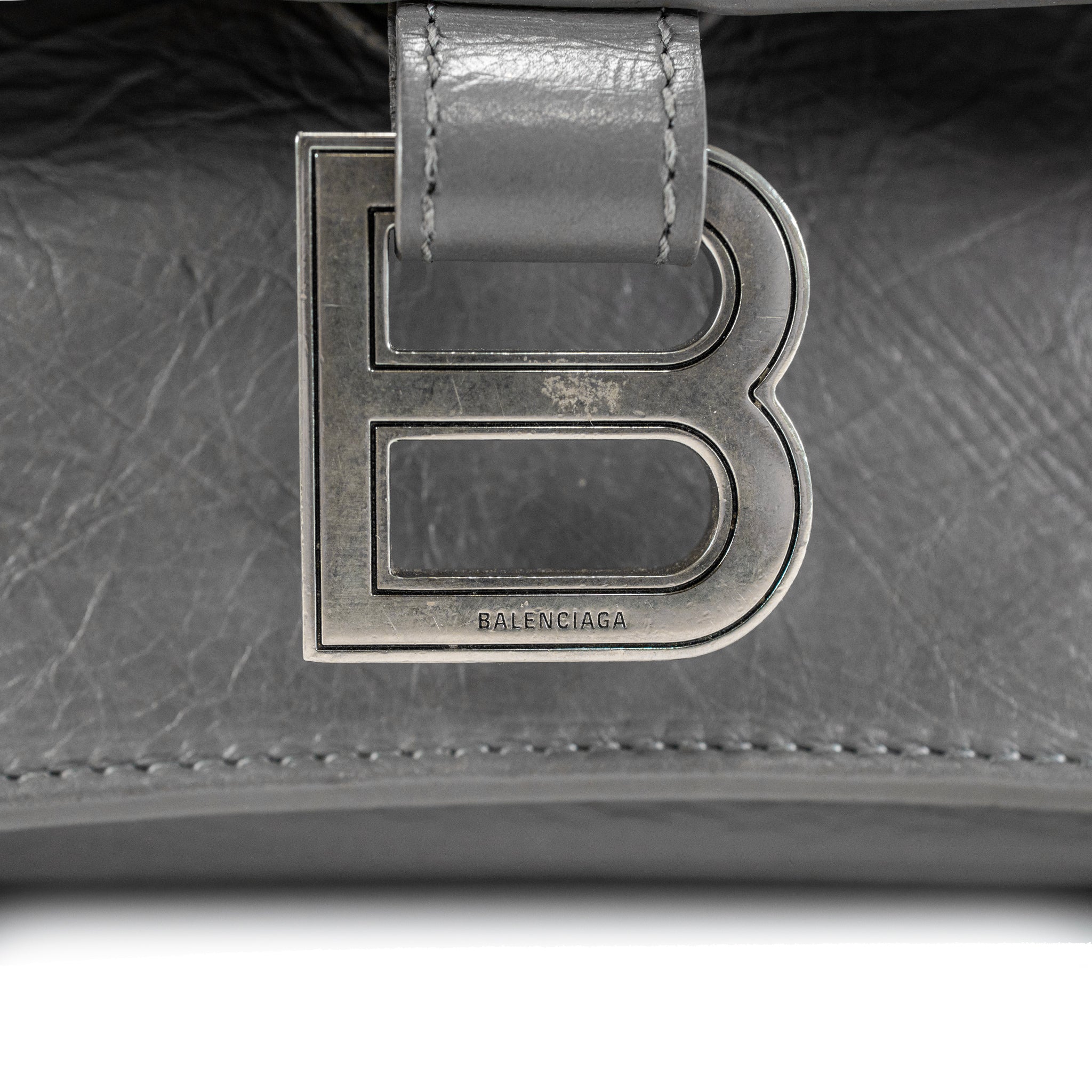 Balenciaga Gray Leather Silver Hardware Crush Chain Medium Flap Shoulder Bag