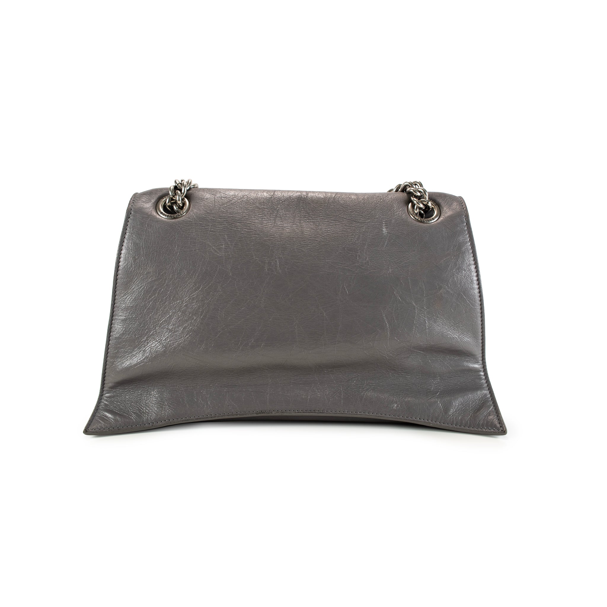 Balenciaga Gray Leather Silver Hardware Crush Chain Medium Flap Shoulder Bag