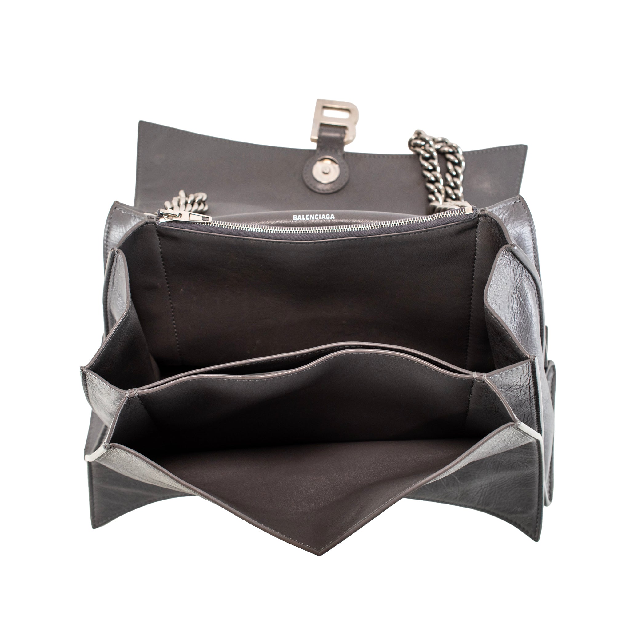 Balenciaga Gray Leather Silver Hardware Crush Chain Medium Flap Shoulder Bag