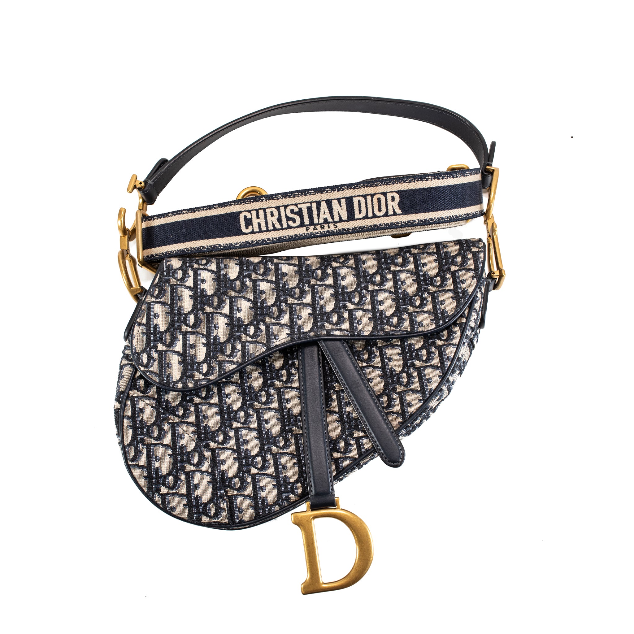 Christian Dior Oblique Saddle Navy Beige Canvas Shoulder Tote Bag
