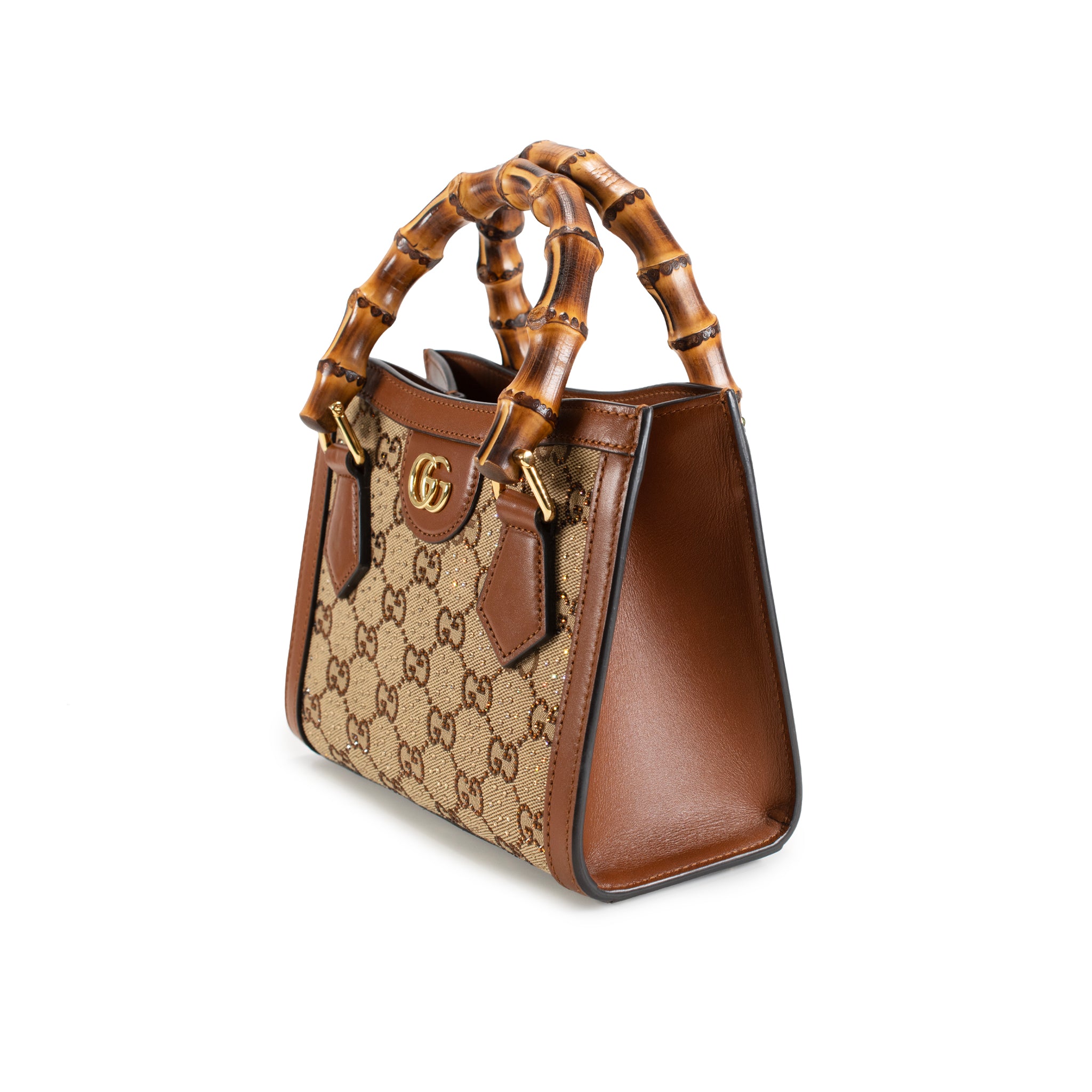 Gucci Diana Crystals Small Gg Canvas Camel Leather Bamboo Handle Tote Bag