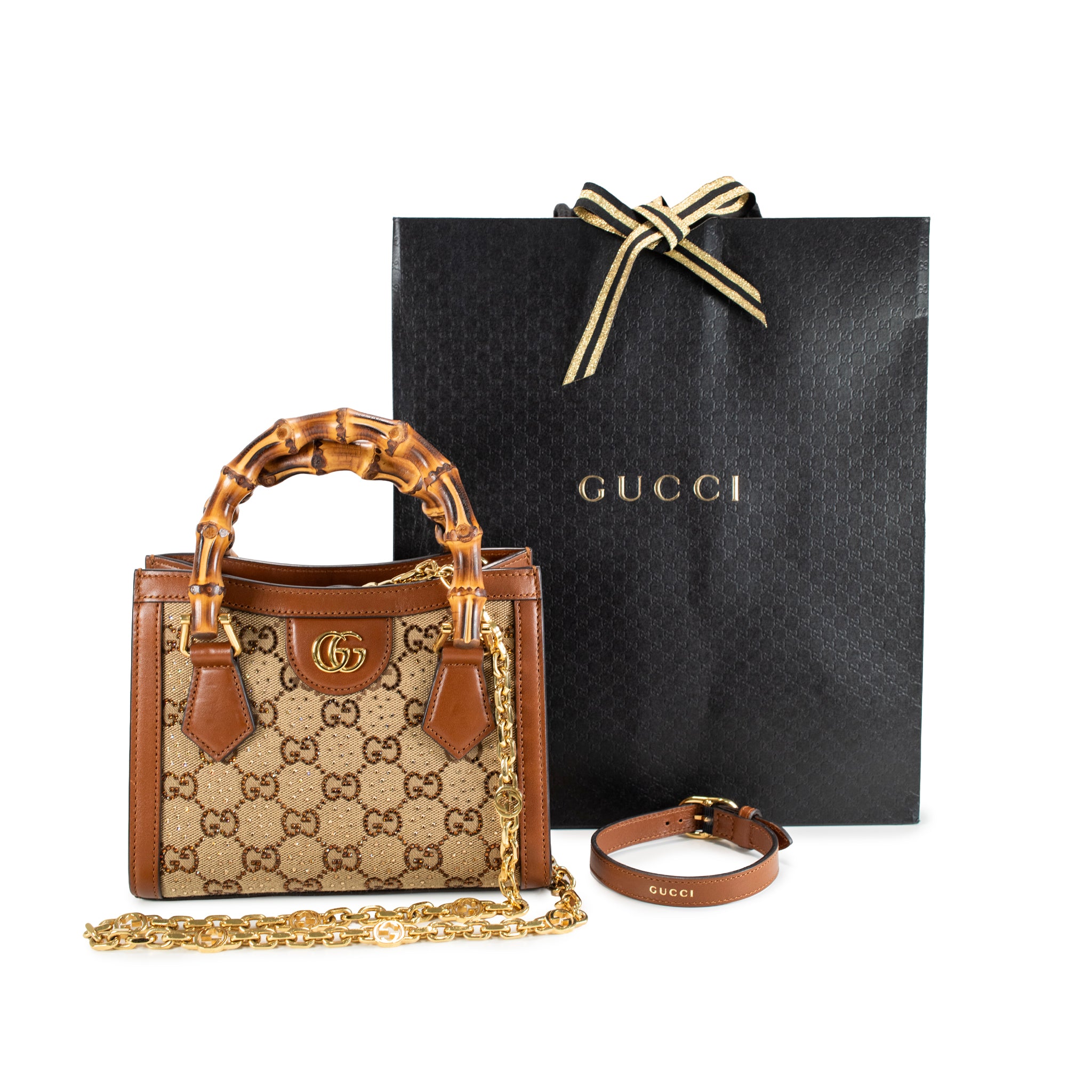 Gucci Diana Crystals Small Gg Canvas Camel Leather Bamboo Handle Tote Bag