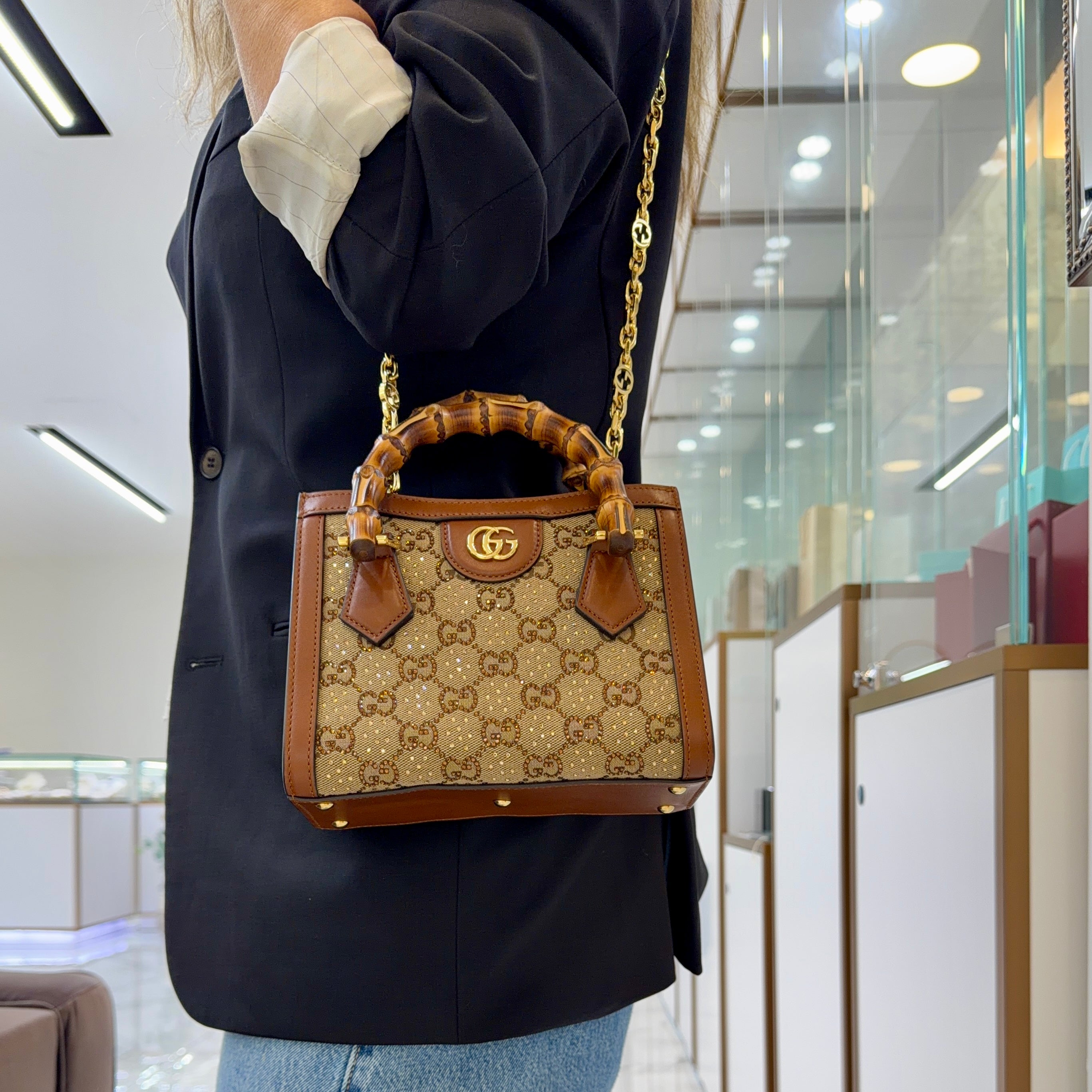 Gucci Diana Crystals Small Gg Canvas Camel Leather Bamboo Handle Tote Bag