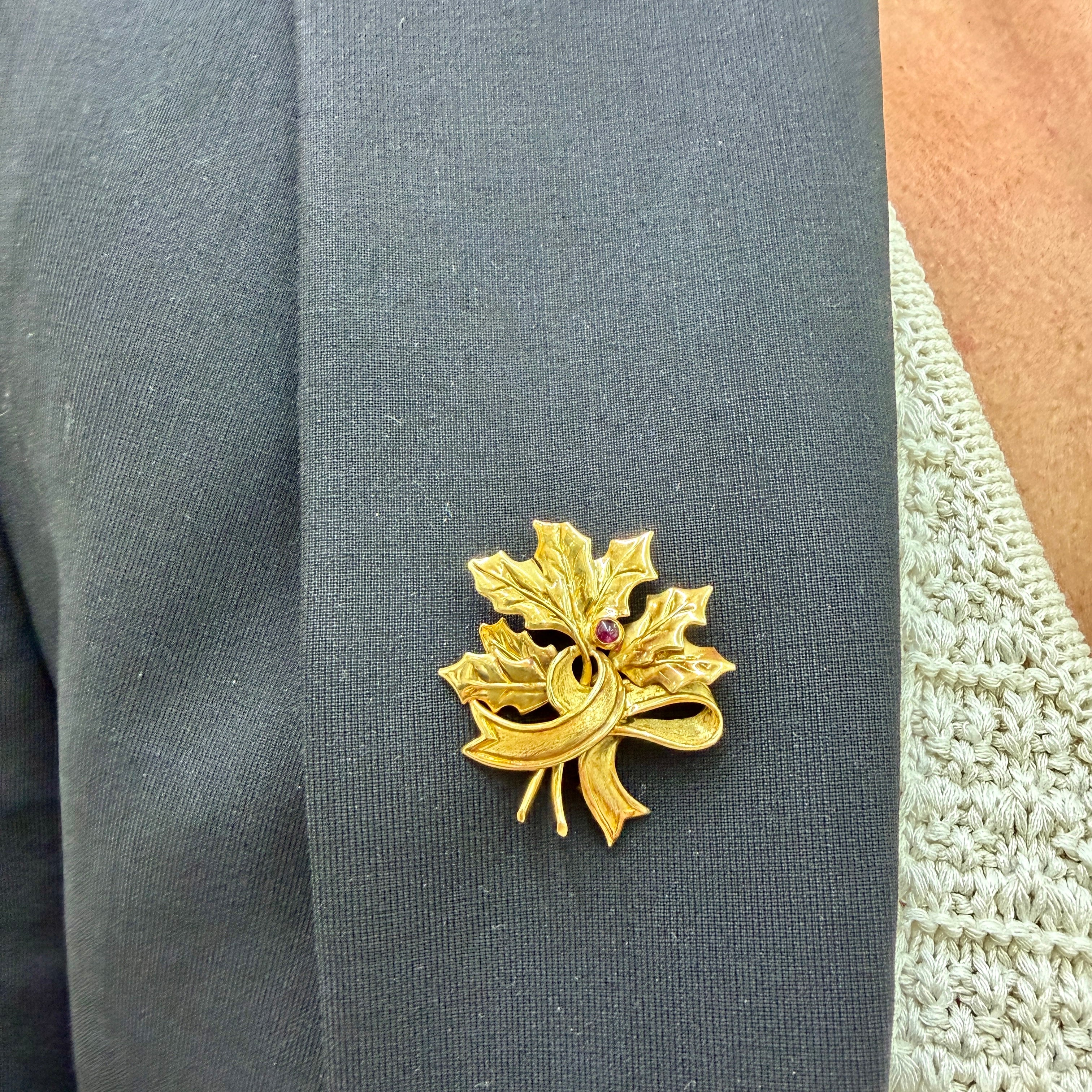 Vintage Tiffany & Co. 18K Yellow Gold 0.06ct Cabochon Ruby Leaf Brooch