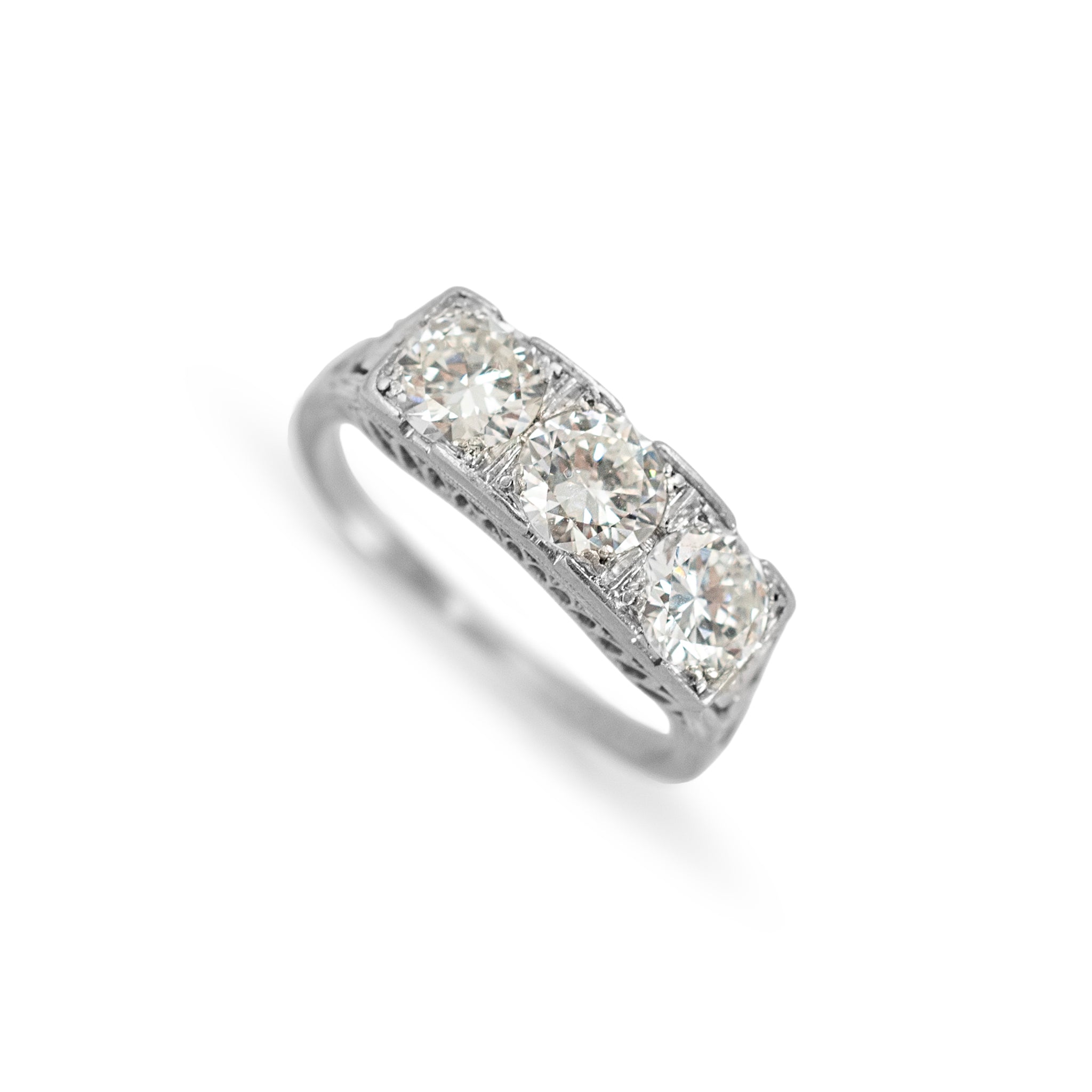 Antique Platinum Iridium 1.42ct Early Old Cut Diamond Three Stone Band Ring