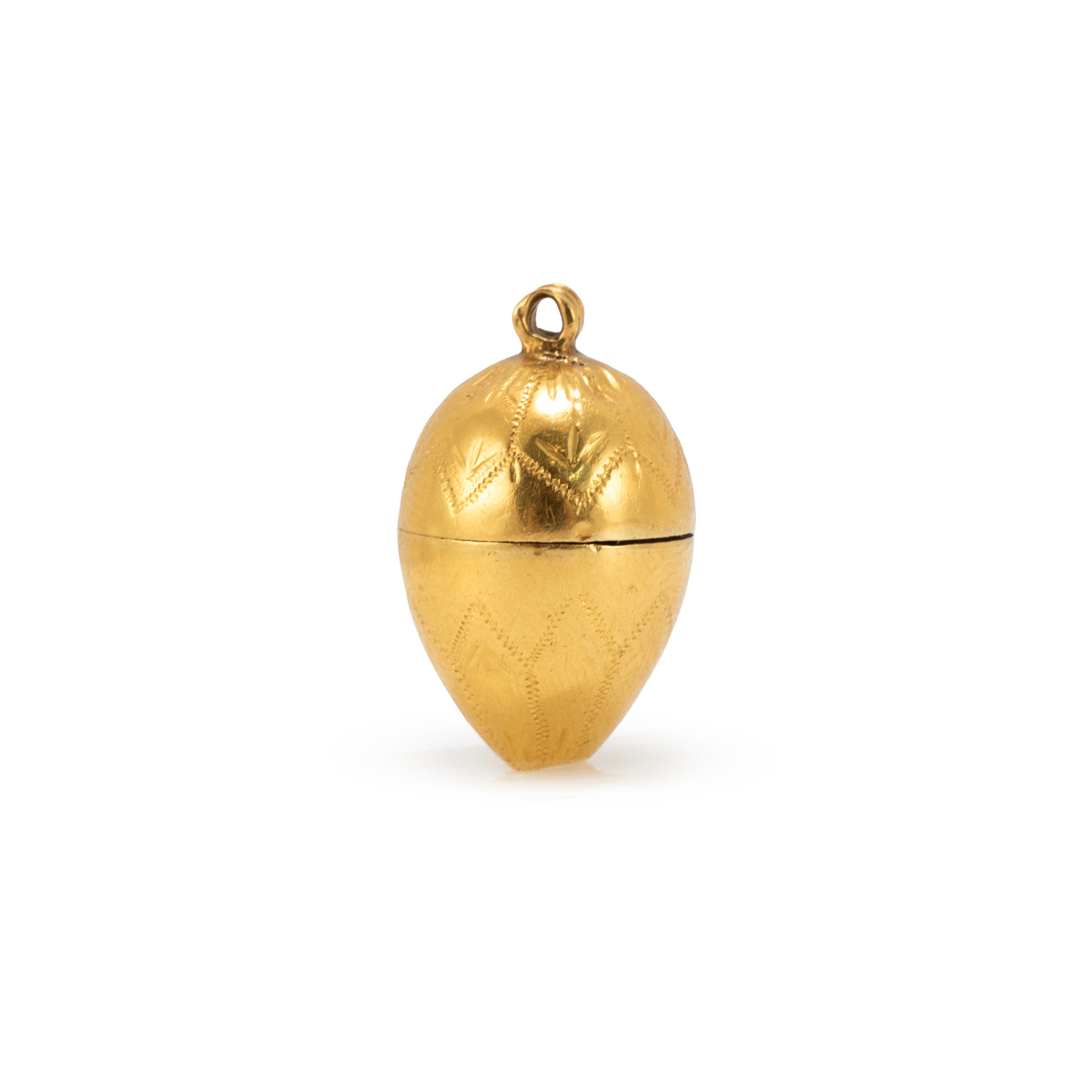 Vintage 18K Yellow Gold Engraved Egg Form Screw-Top Locket Charm Pendant