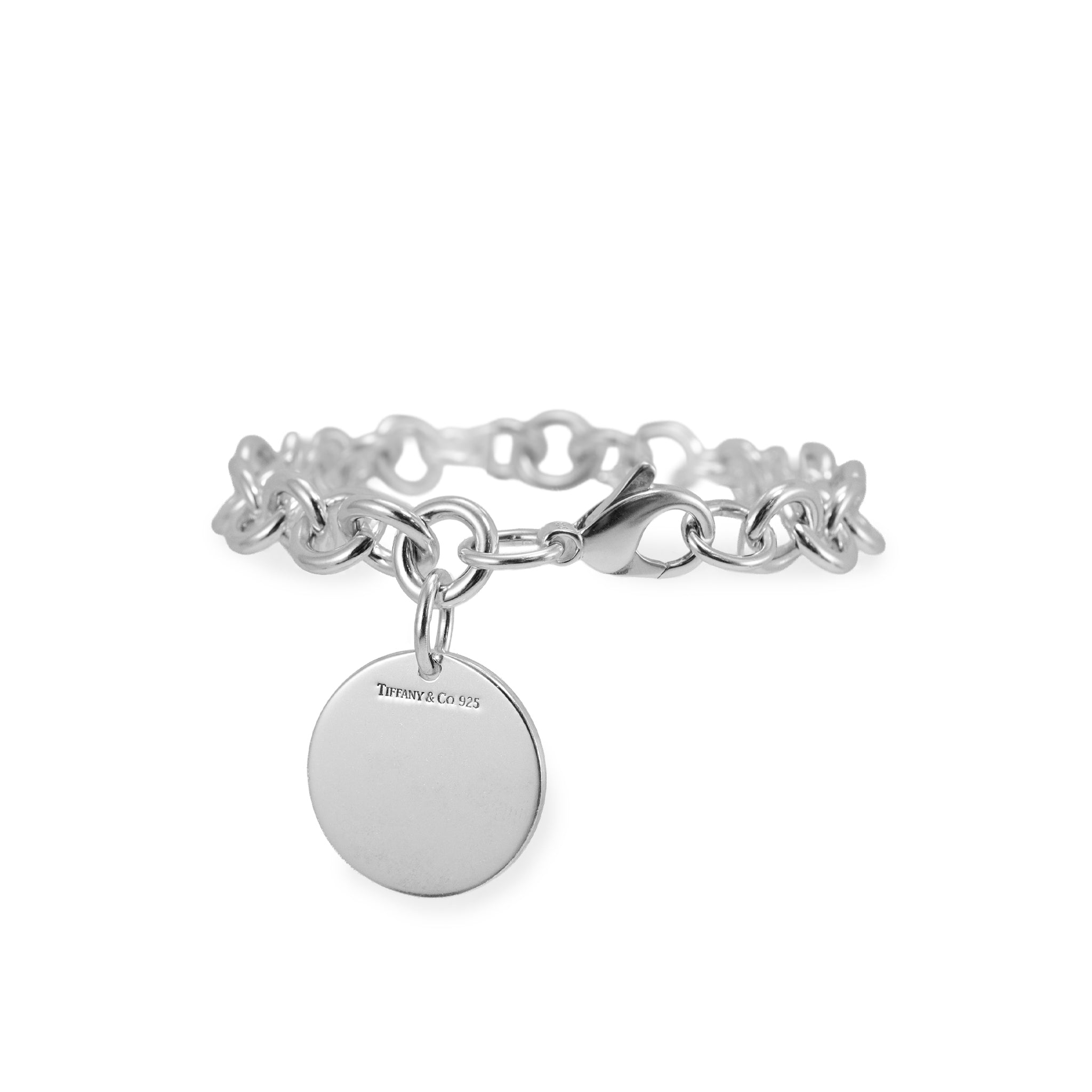 Ladies Tiffany & Co. 925 Sterling Silver Round Tag Charm Rolo Link Bracelet