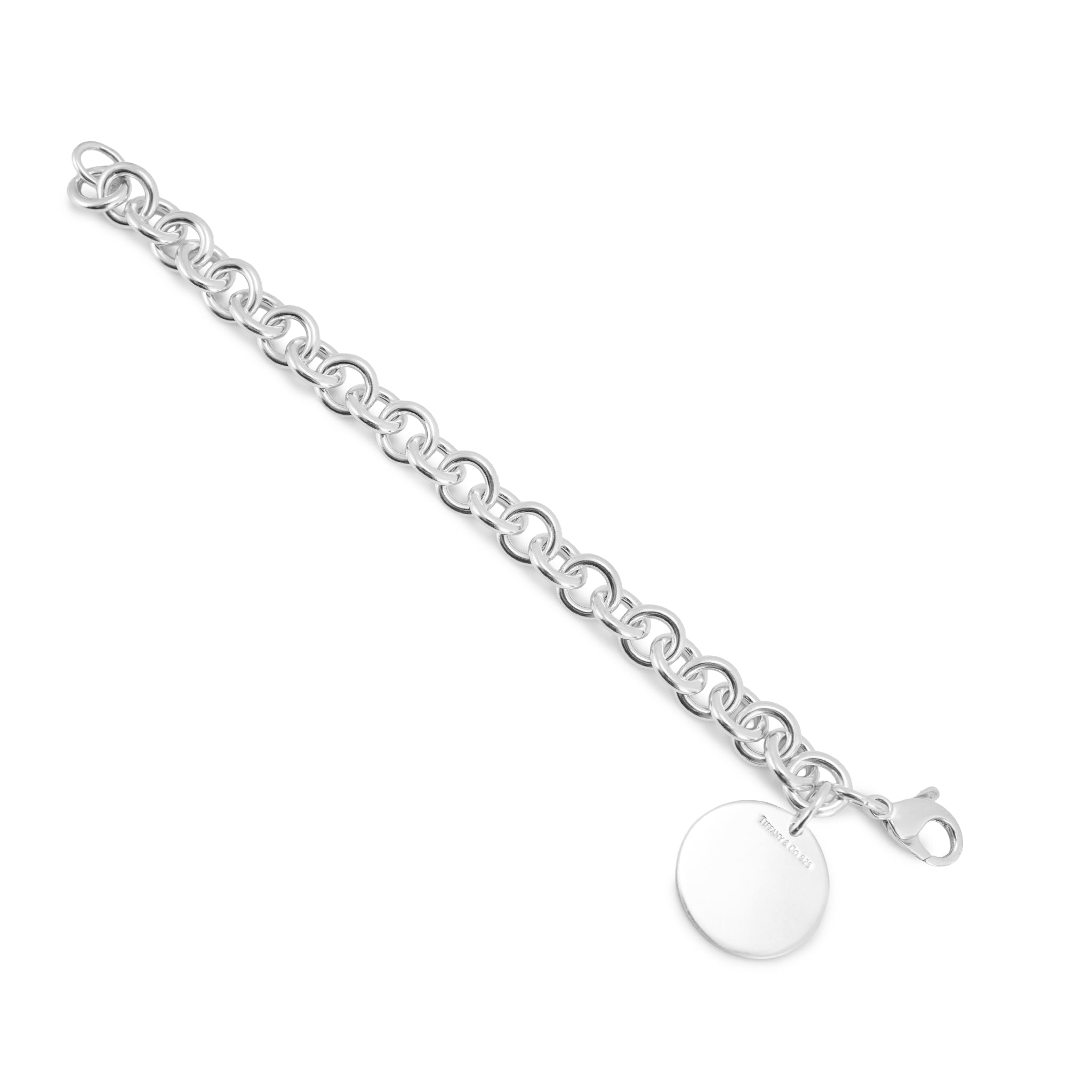 Ladies Tiffany & Co. 925 Sterling Silver Round Tag Charm Rolo Link Bracelet