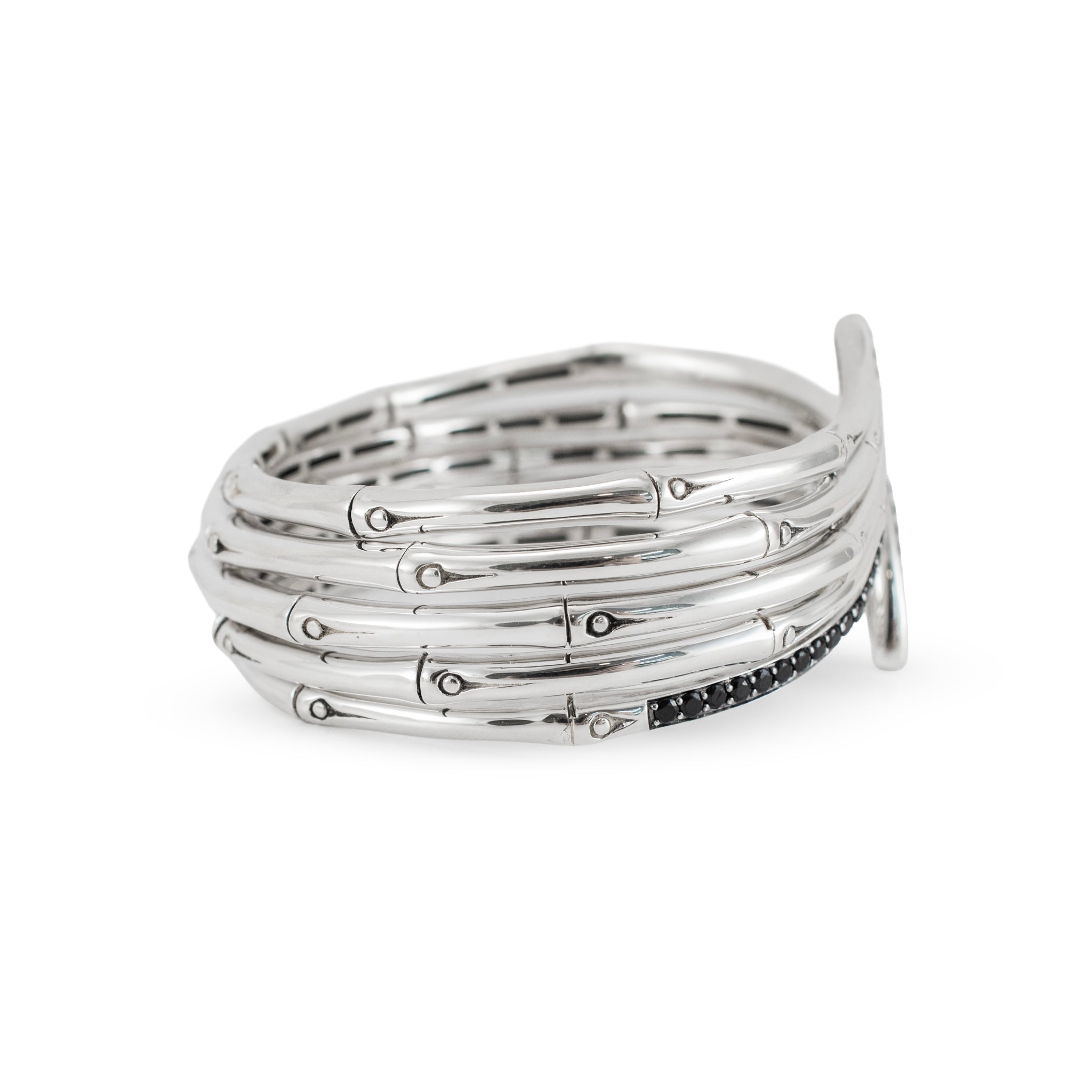John Hardy Bamboo 925 Silver 1.40ctw Black Sapphires Flex Cuff Bangle Bracelet