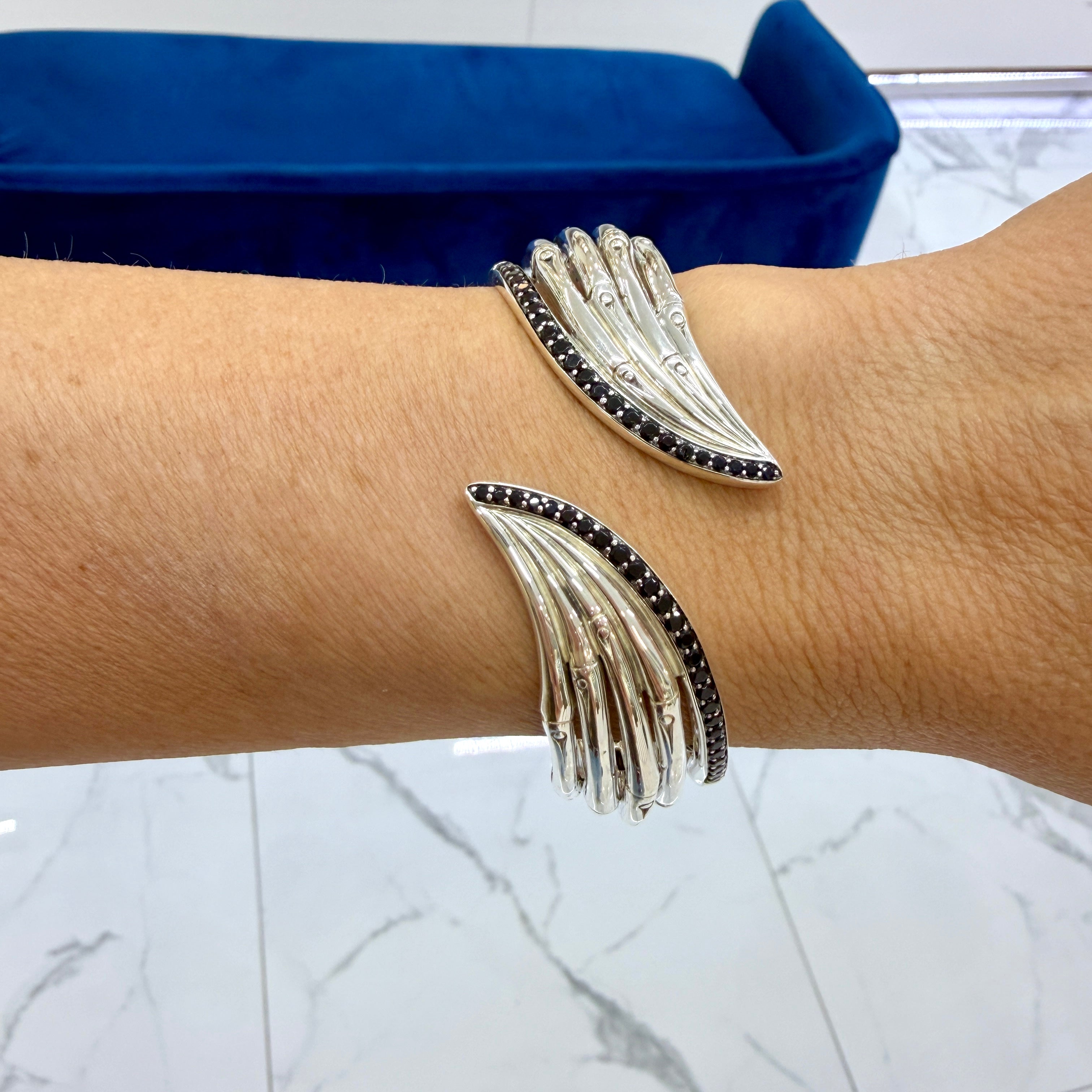 John Hardy Bamboo 925 Silver 1.40ctw Black Sapphires Flex Cuff Bangle Bracelet