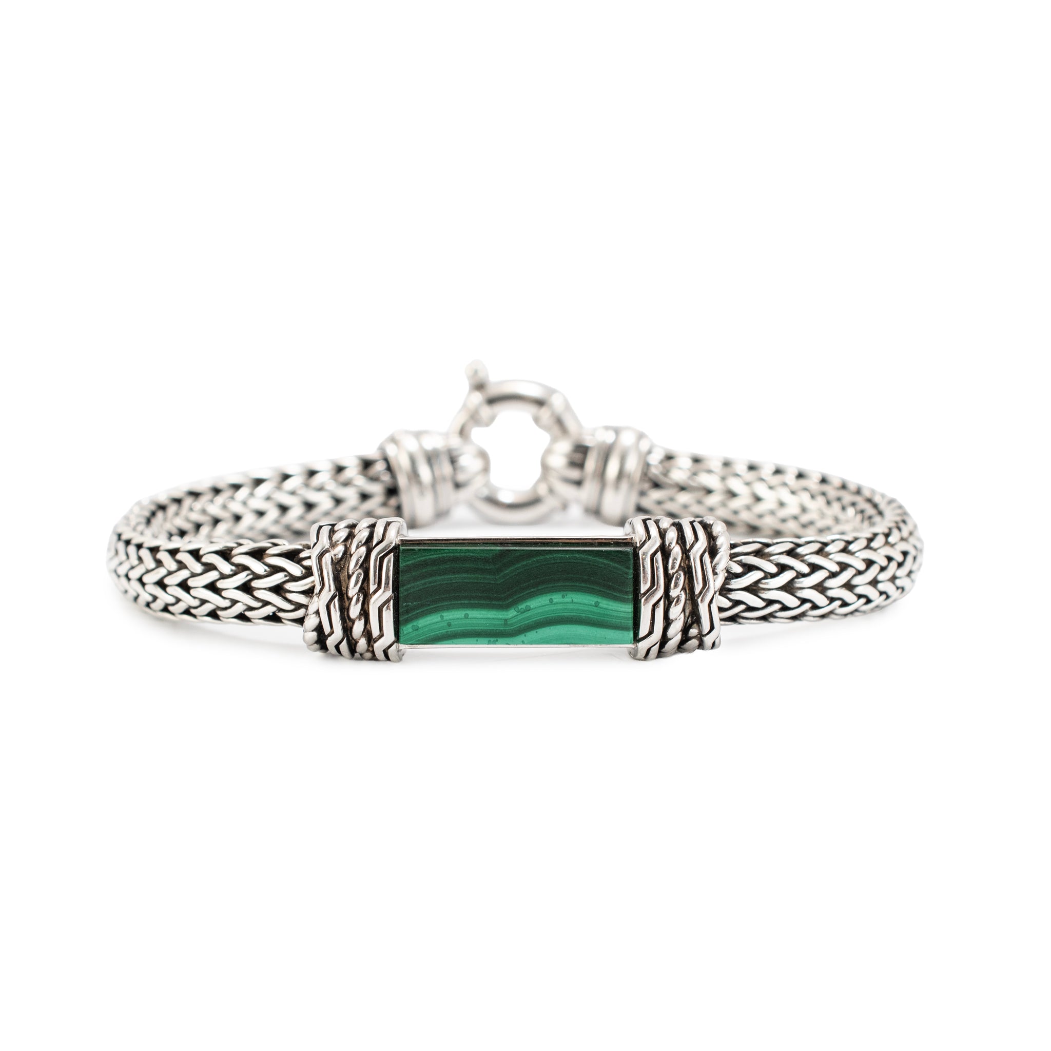 Men’s Effy Silver 10.20 CT Malachite Braided Chain Wheat Mesh Link Bracelet