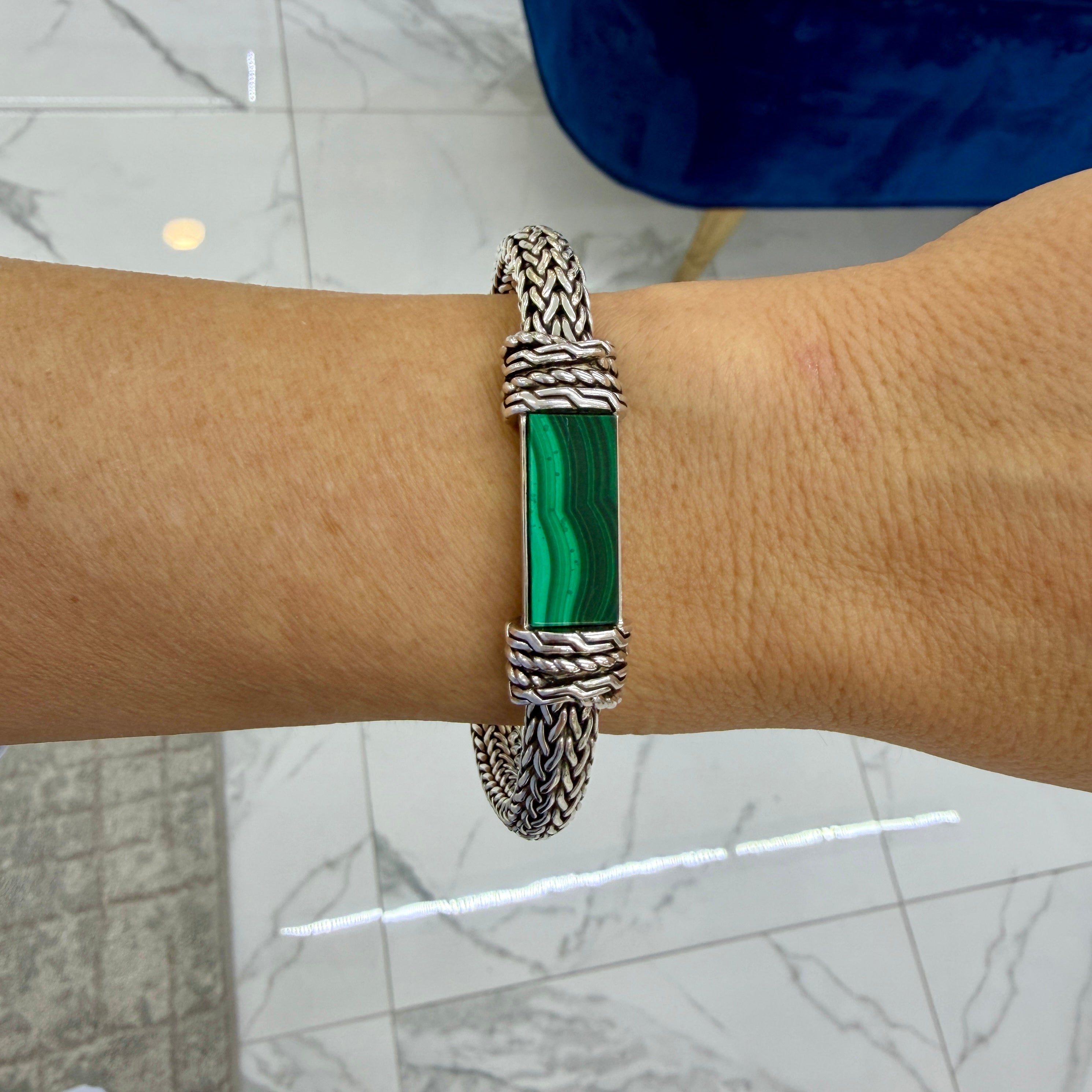 Men’s Effy Silver 10.20 CT Malachite Braided Chain Wheat Mesh Link Bracelet