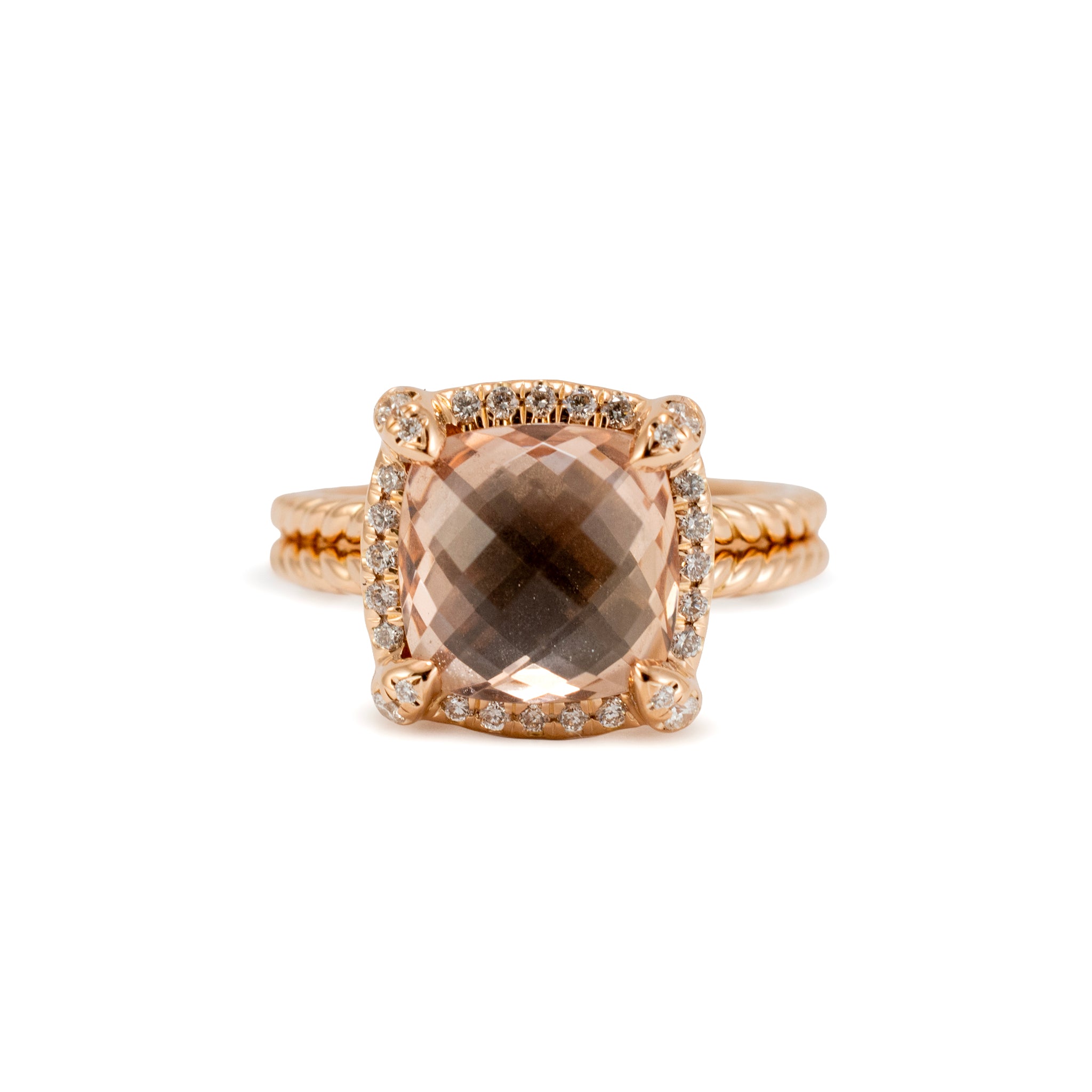 David Yurman Chatelaine 18K Rose Gold Morganite Pavé Diamond Cable Cocktail Ring