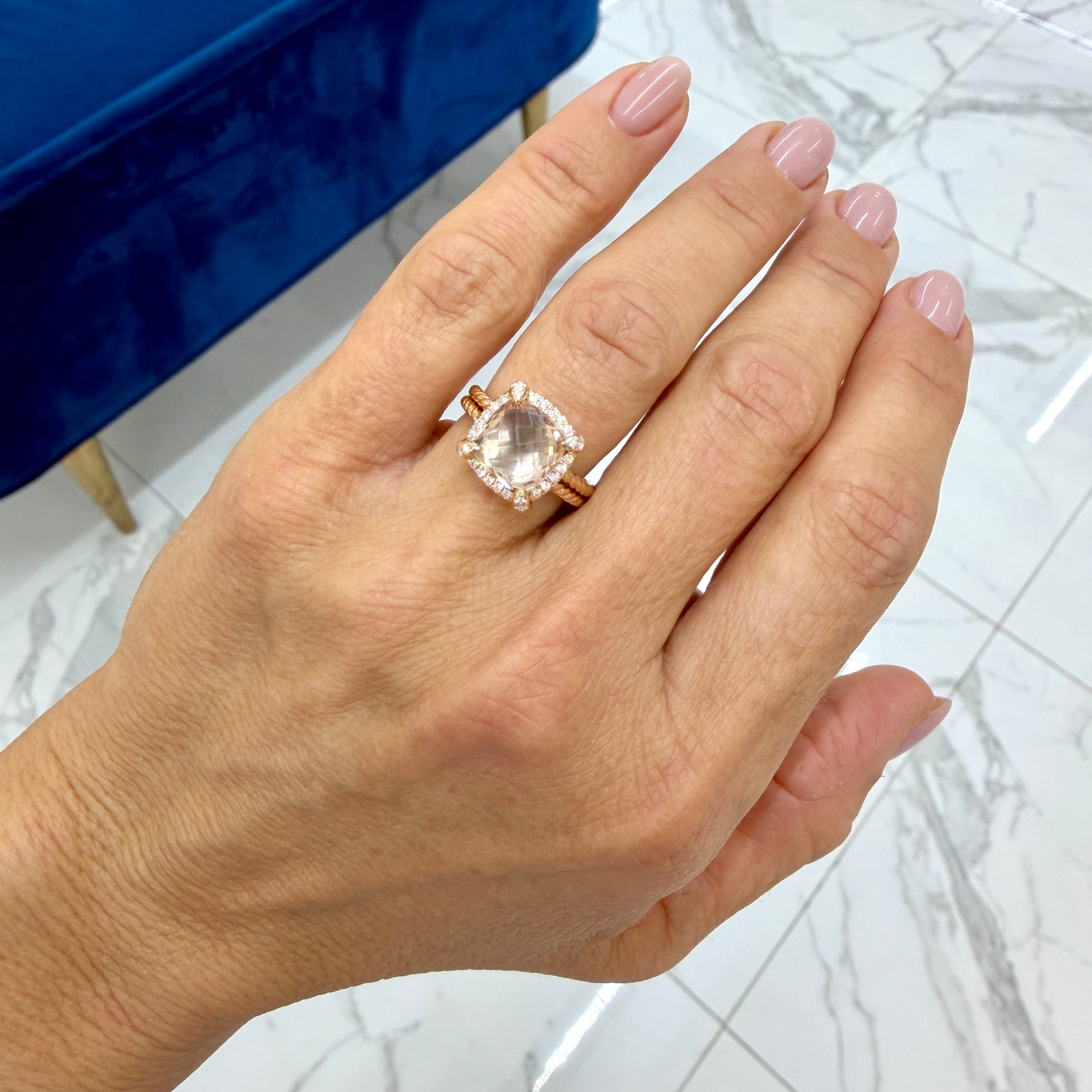 David Yurman Chatelaine 18K Rose Gold Morganite Pavé Diamond Cable Cocktail Ring