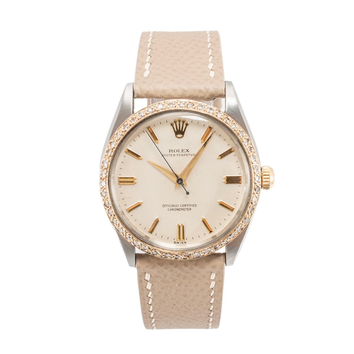 Ladies Vintage Rolex Oyster Perpetual 34MM 6567 Diamond Bezel Steel Gold Watch