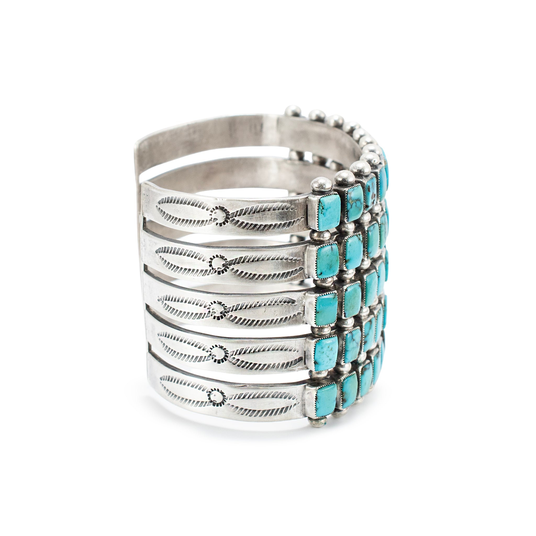 Vintage Sterling Silver Native American Five Row Turquoise Cuff Bracelet
