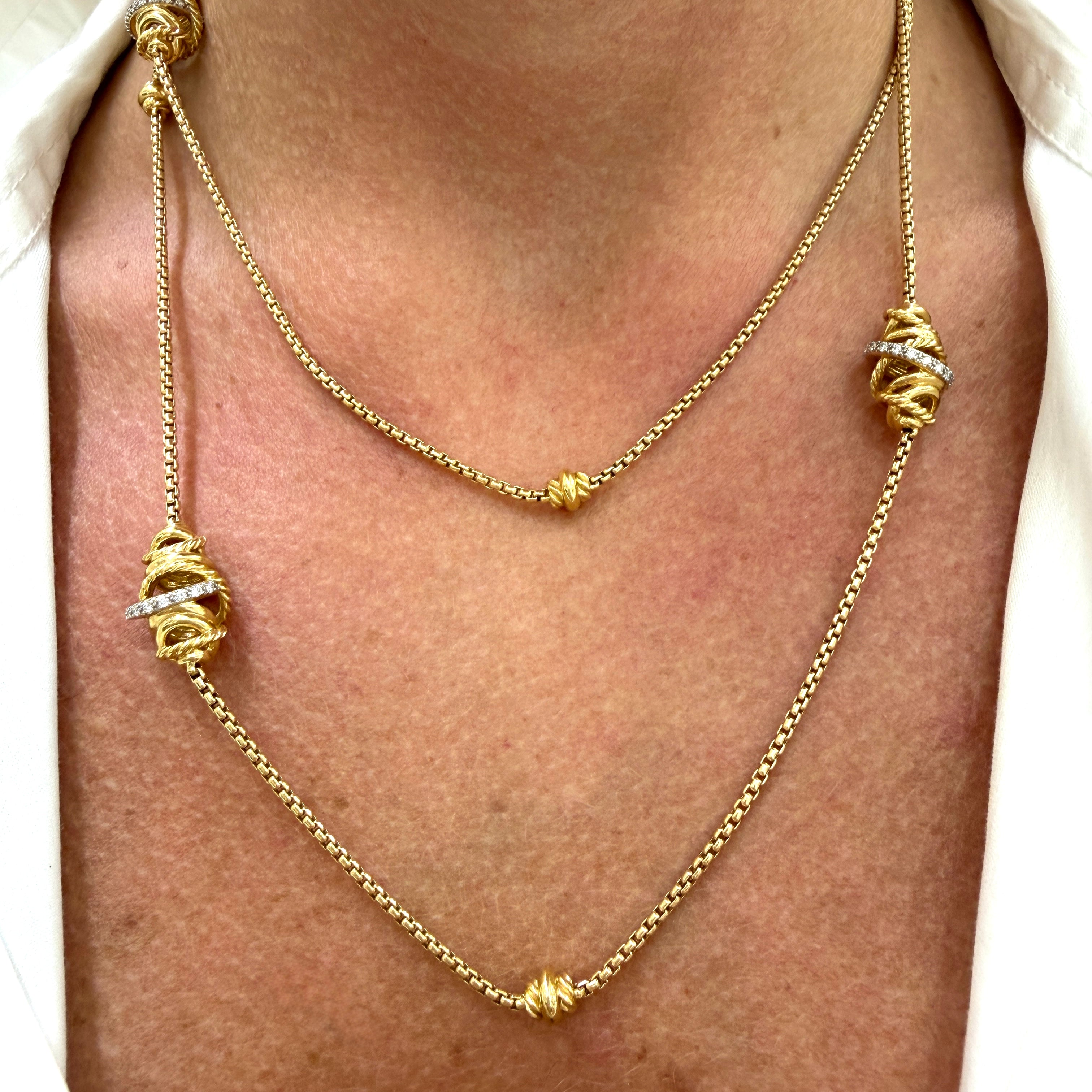 David Yurman Crossover 18K Yellow Gold Pave Diamond Station Long Chain Necklace