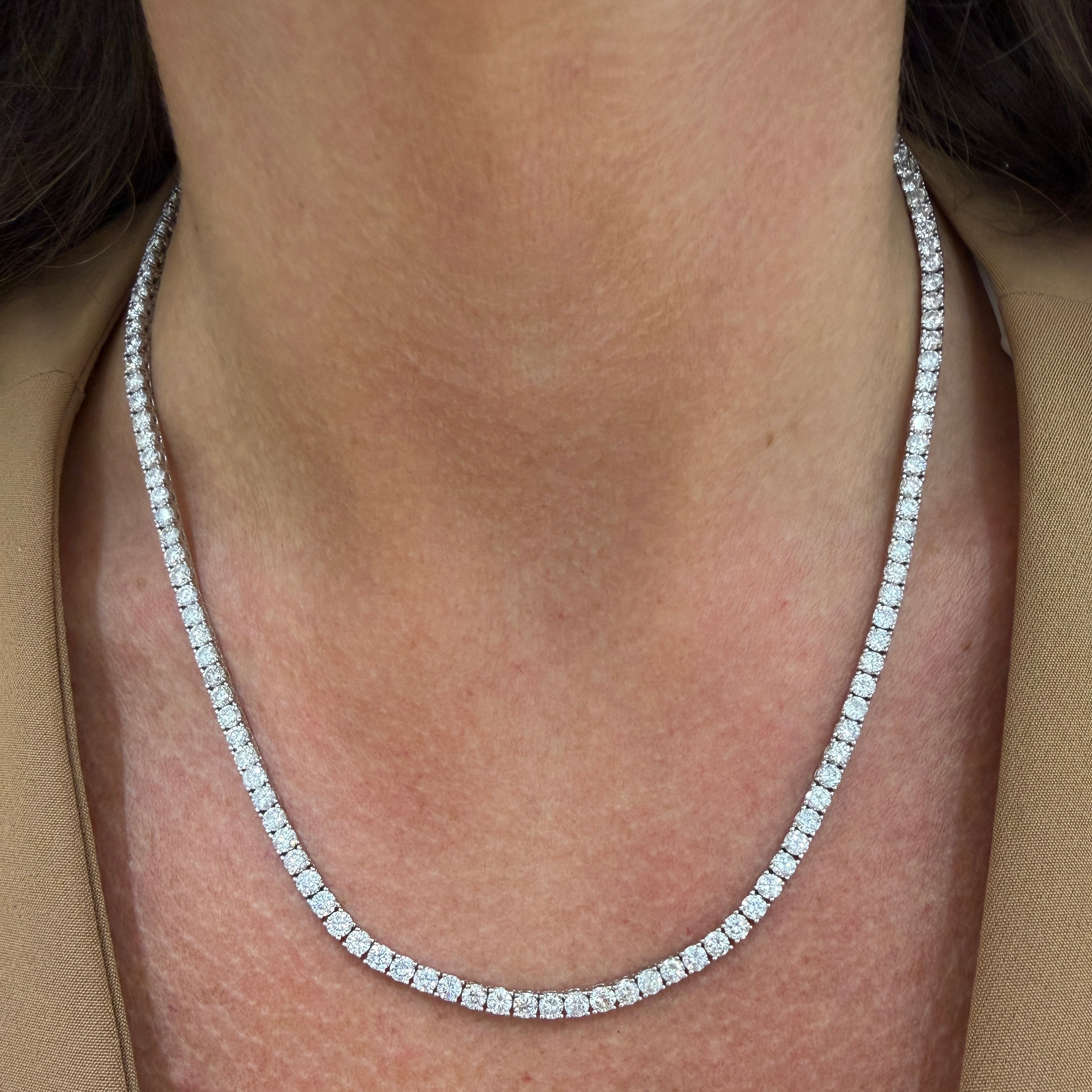 14K White Gold 14.44ct Round Diamond 4 Prongs Matinee Chain Tennis Necklace