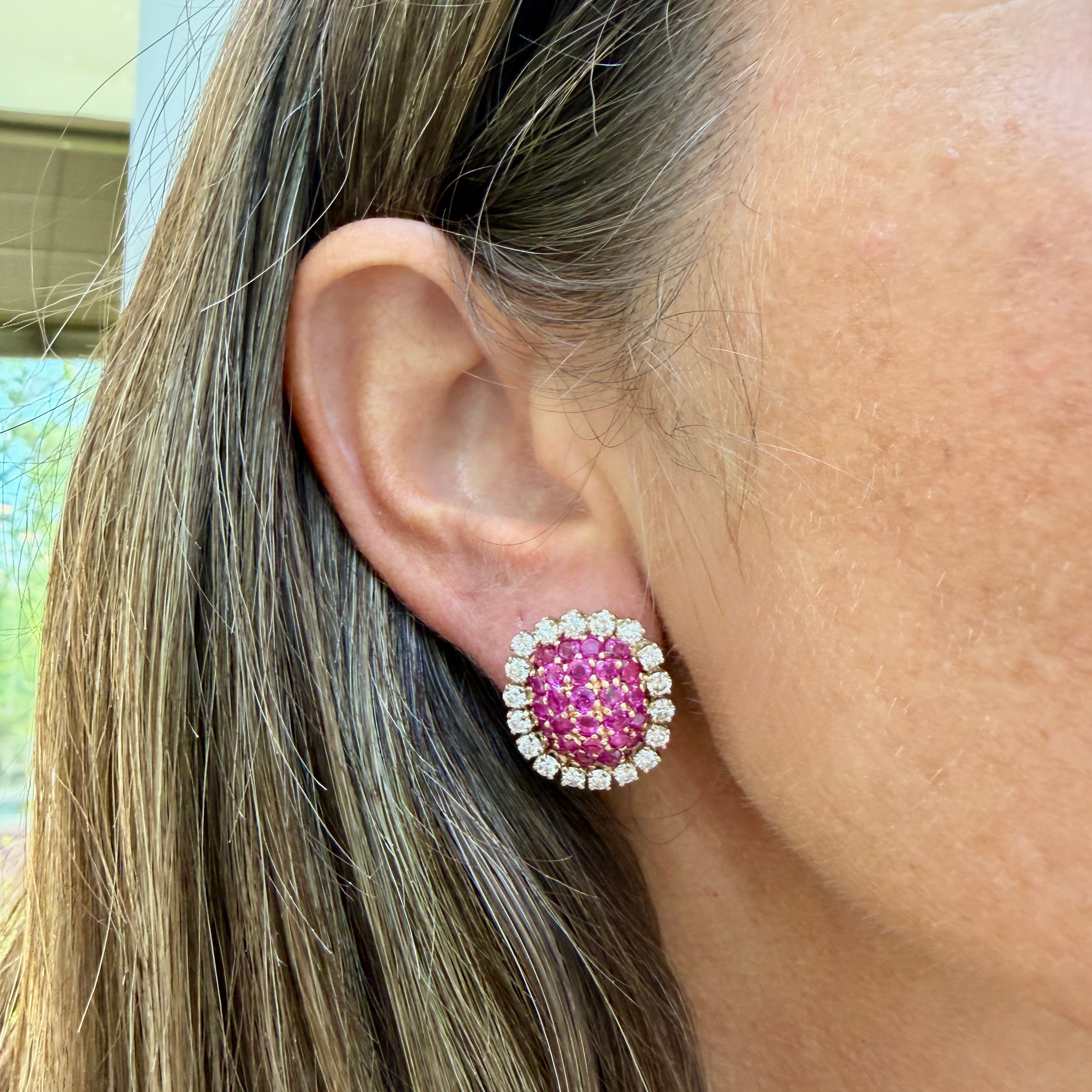 Vintage 14K Yellow Gold 8.82ctw Sapphire & Diamond Halo Drop Bombe Stud Earrings