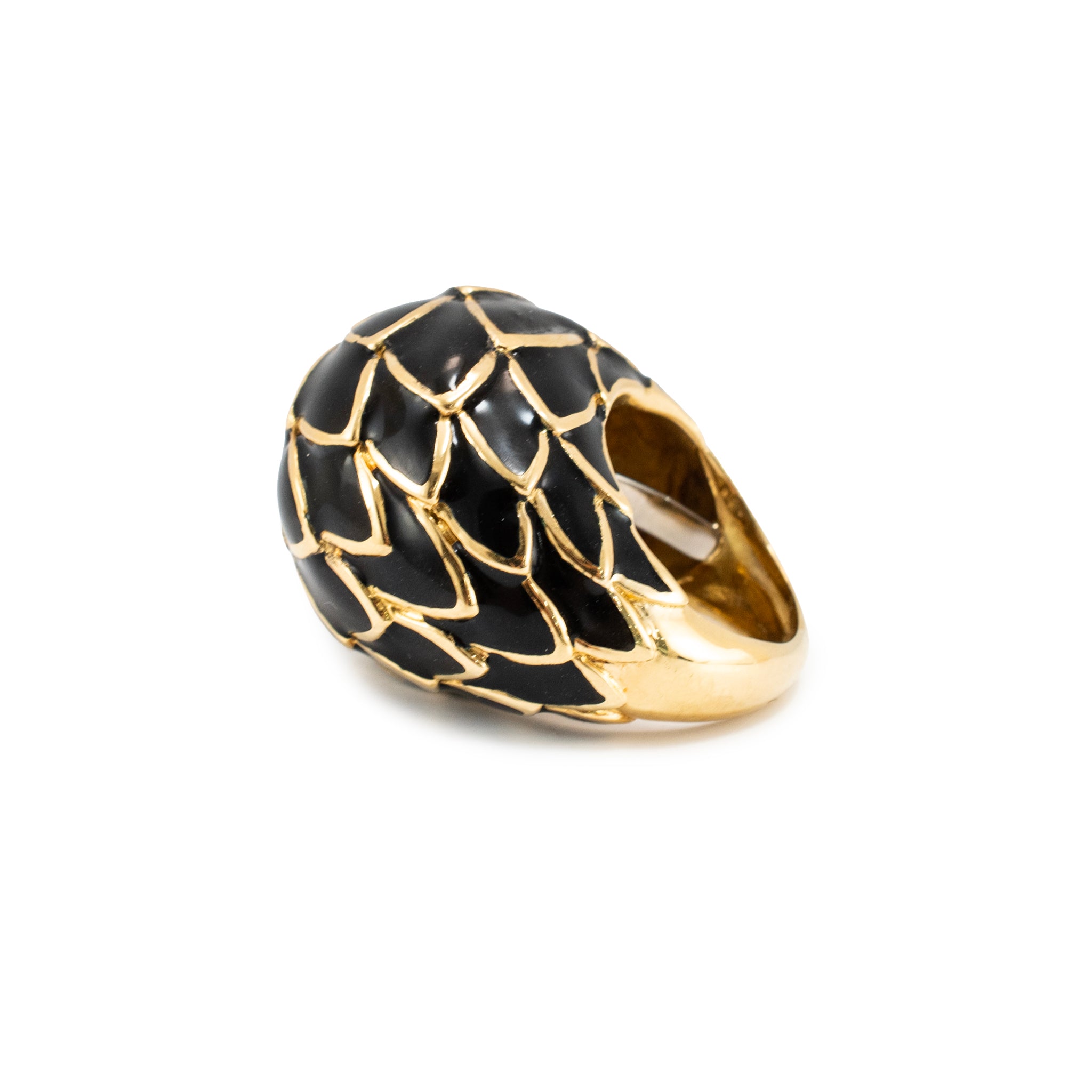 Vintage David Webb Leaf Motif 18K Yellow Gold Black Enamel Dome Cocktail Ring