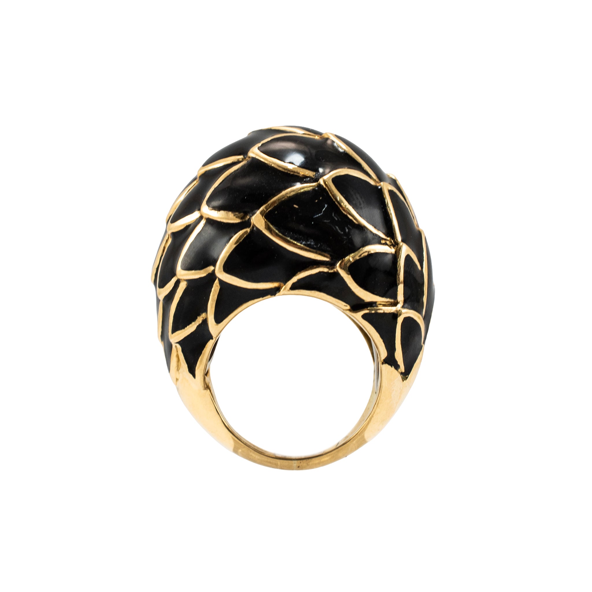 Vintage David Webb Leaf Motif 18K Yellow Gold Black Enamel Dome Cocktail Ring
