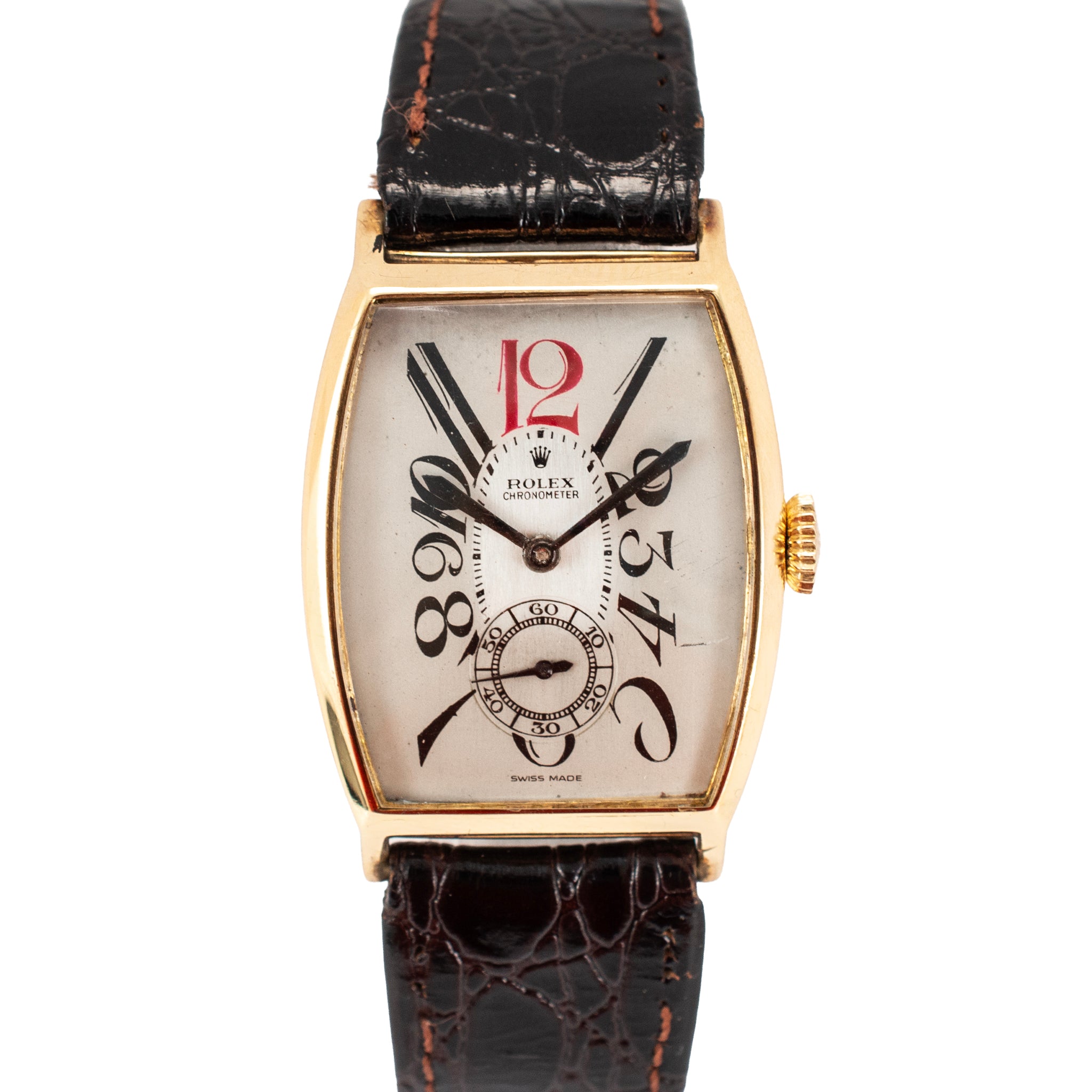Antique Art-Deco Rolex 26mmx38mm Tonneau Sub Seconds Arabic 9K Gold Manual Vintage Watch