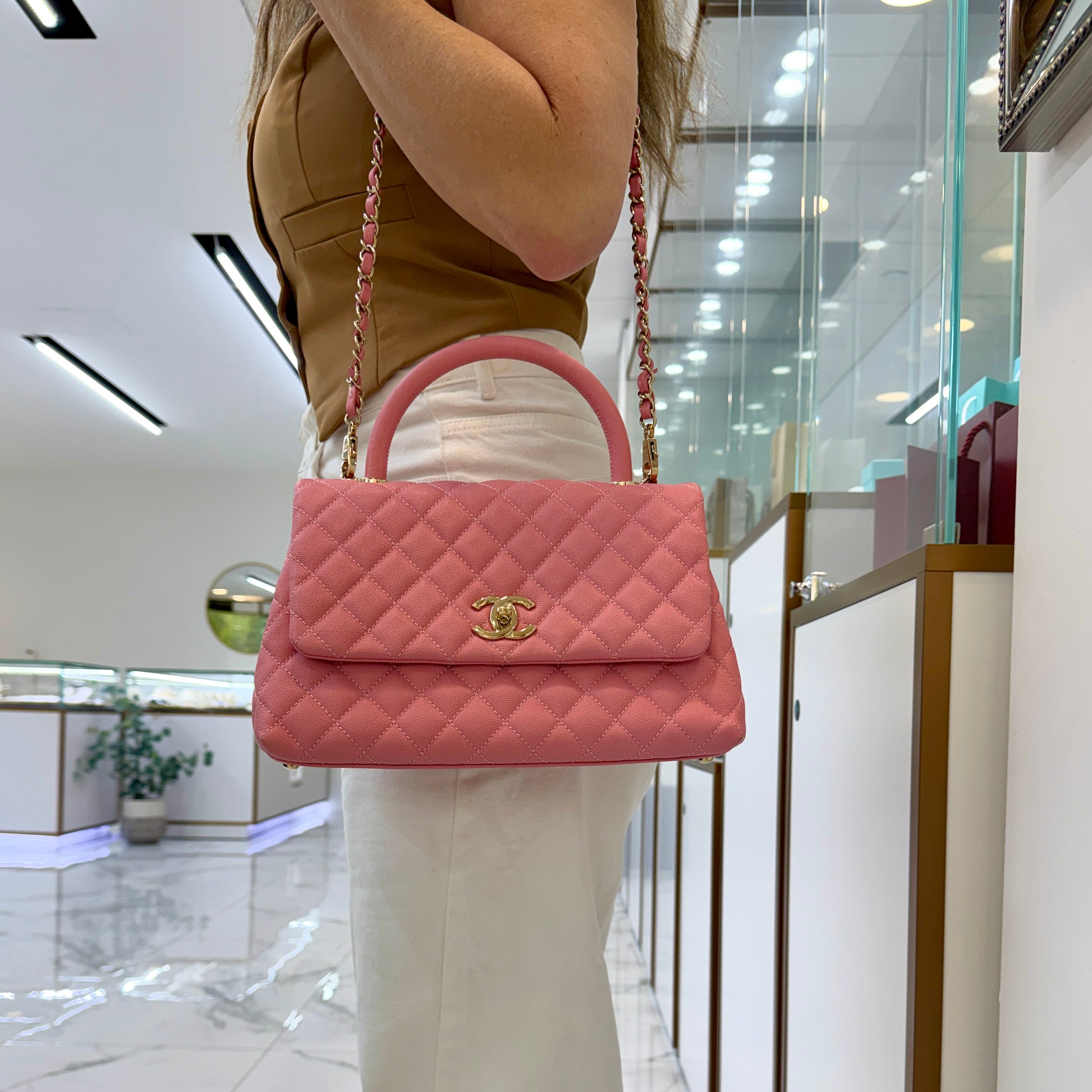 Chanel Coco Flap Pink Caviar Leather Gold Hardware Top Handle Bag
