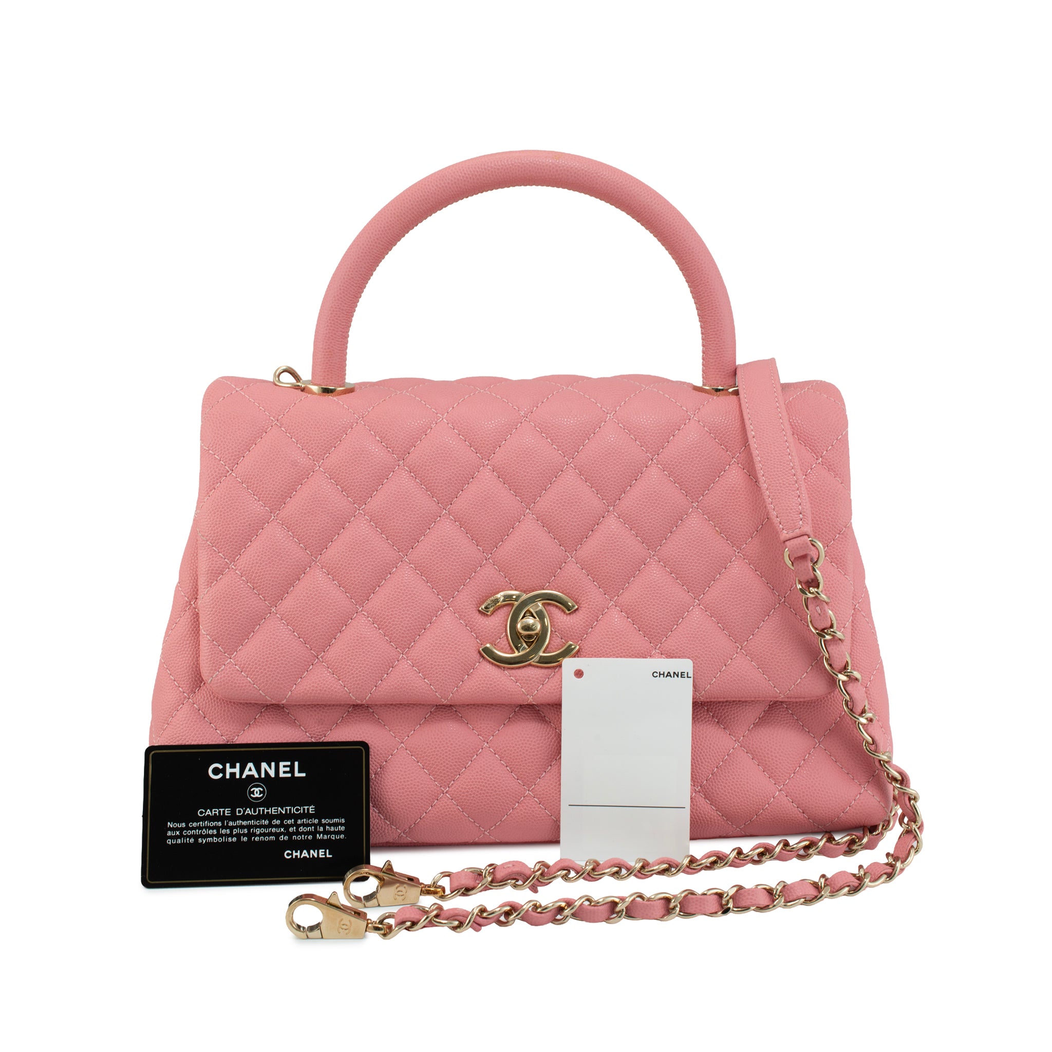 Chanel Coco Flap Pink Caviar Leather Gold Hardware Top Handle Bag